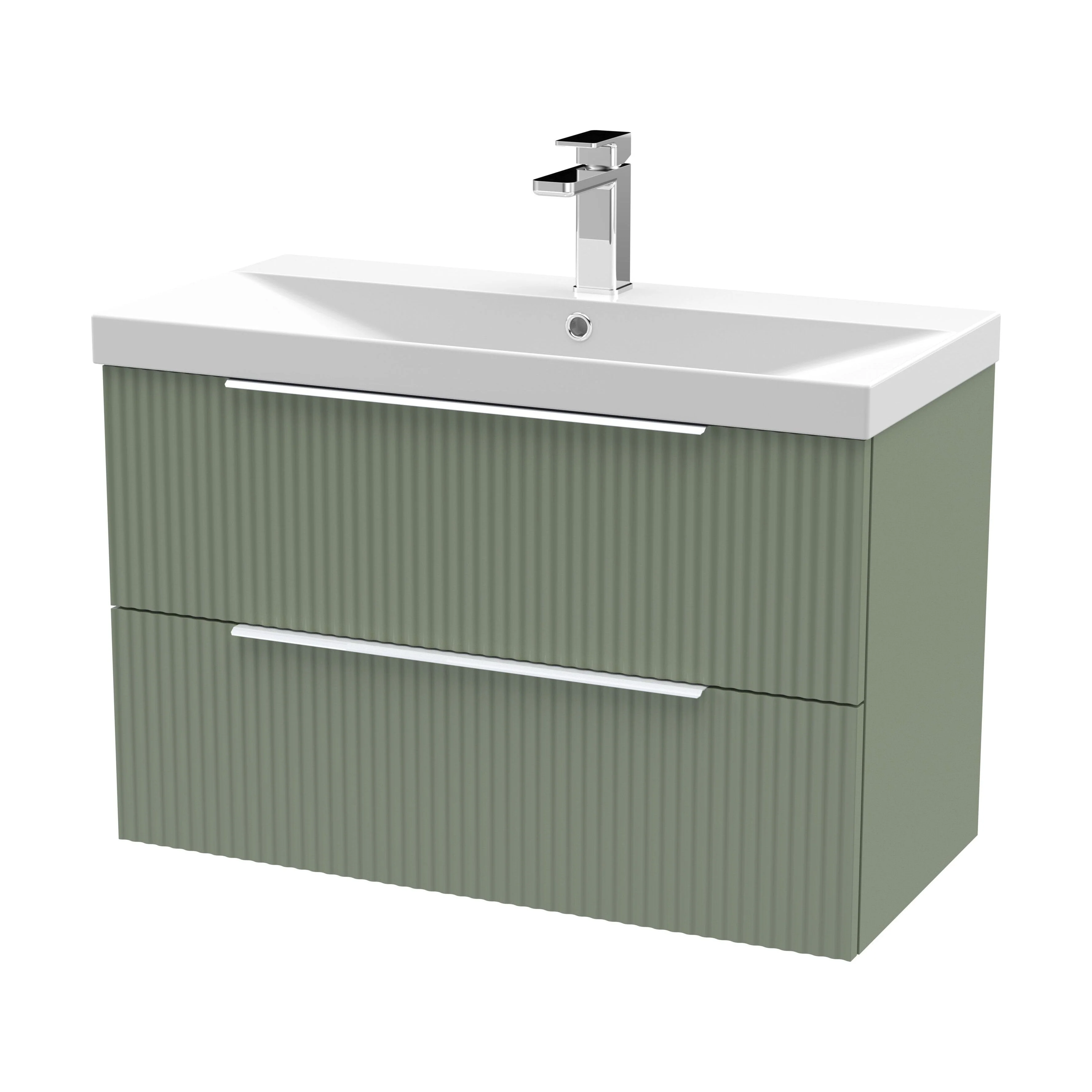 Tixall Fluted 2 Drawer Wall Hung Vanity Unit with Thin Edge Basin, Satin Green, 800mm
