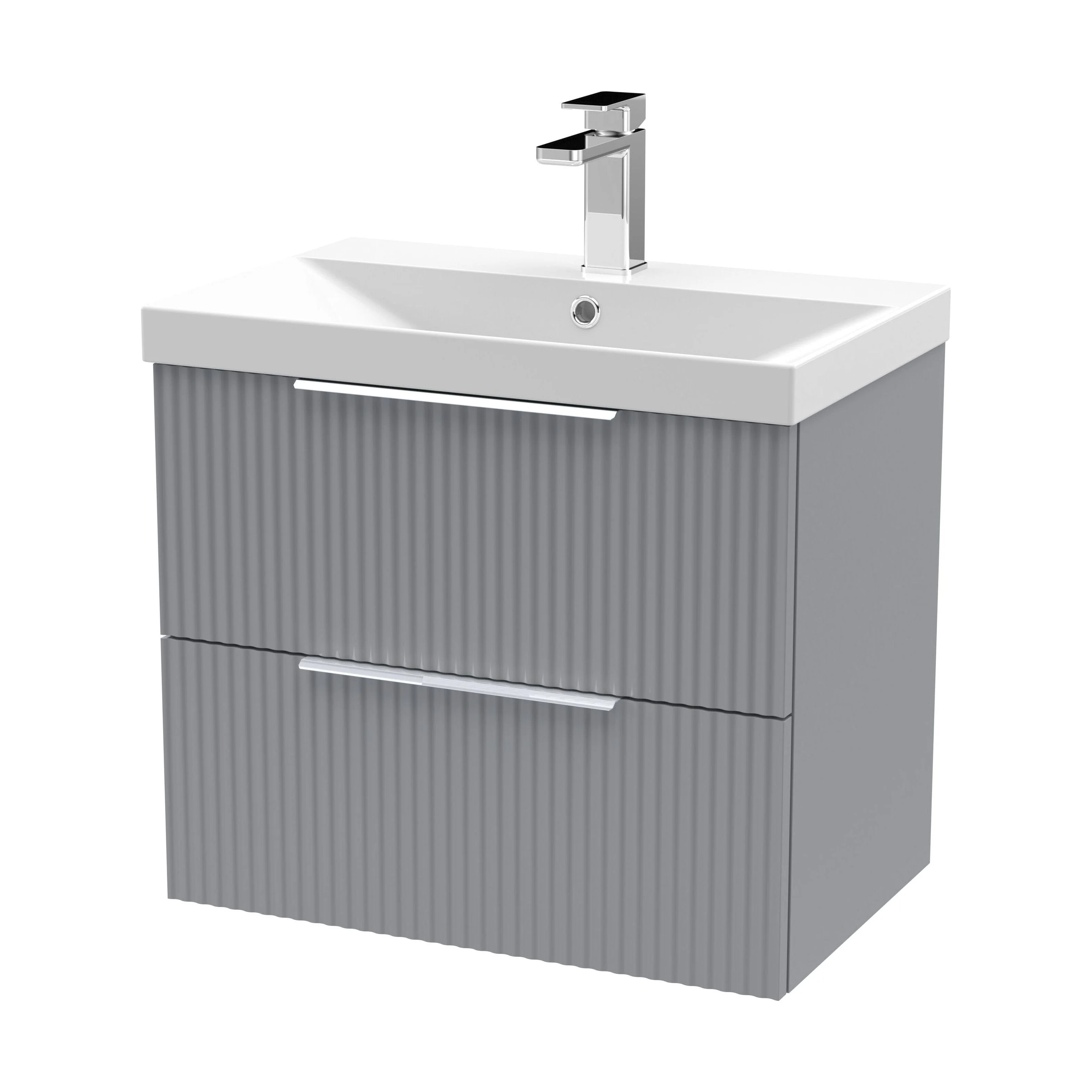 Tixall Fluted 2 Drawer Wall Hung Vanity Unit with Thin Edge Basin, Satin Grey, 600mm