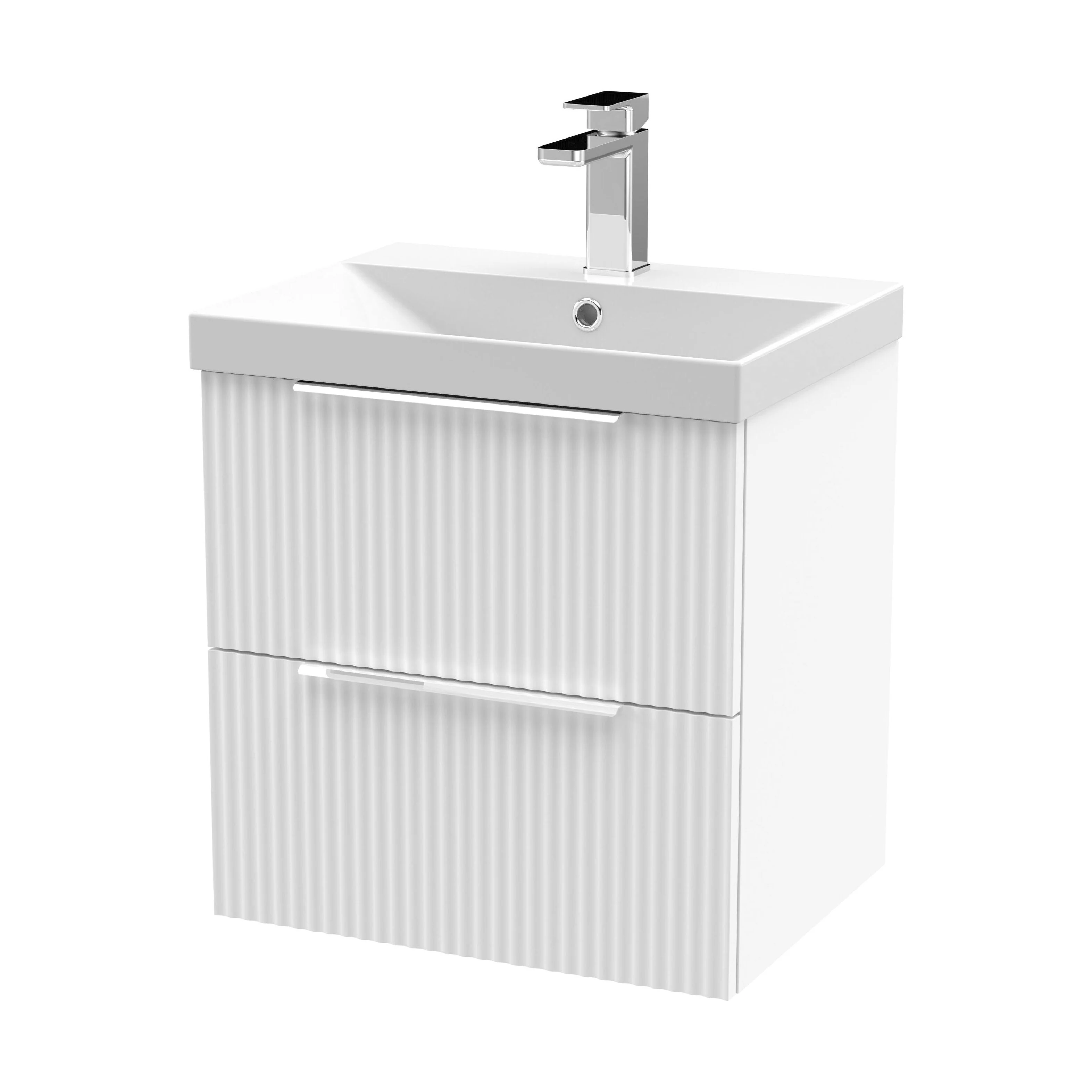 Tixall Fluted 2 Drawer Wall Hung Vanity Unit with Thin Edge Basin, Satin White, 500mm