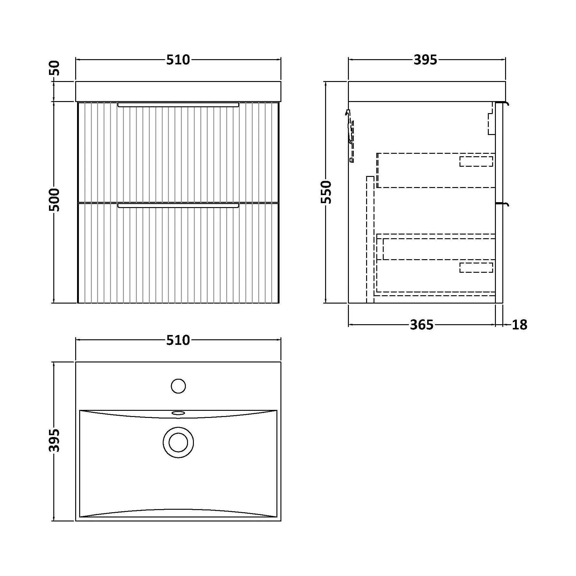 Tixall Fluted 2 Drawer Wall Hung Vanity Unit with Thin Edge Basin, Satin White, 500mm - Image 2
