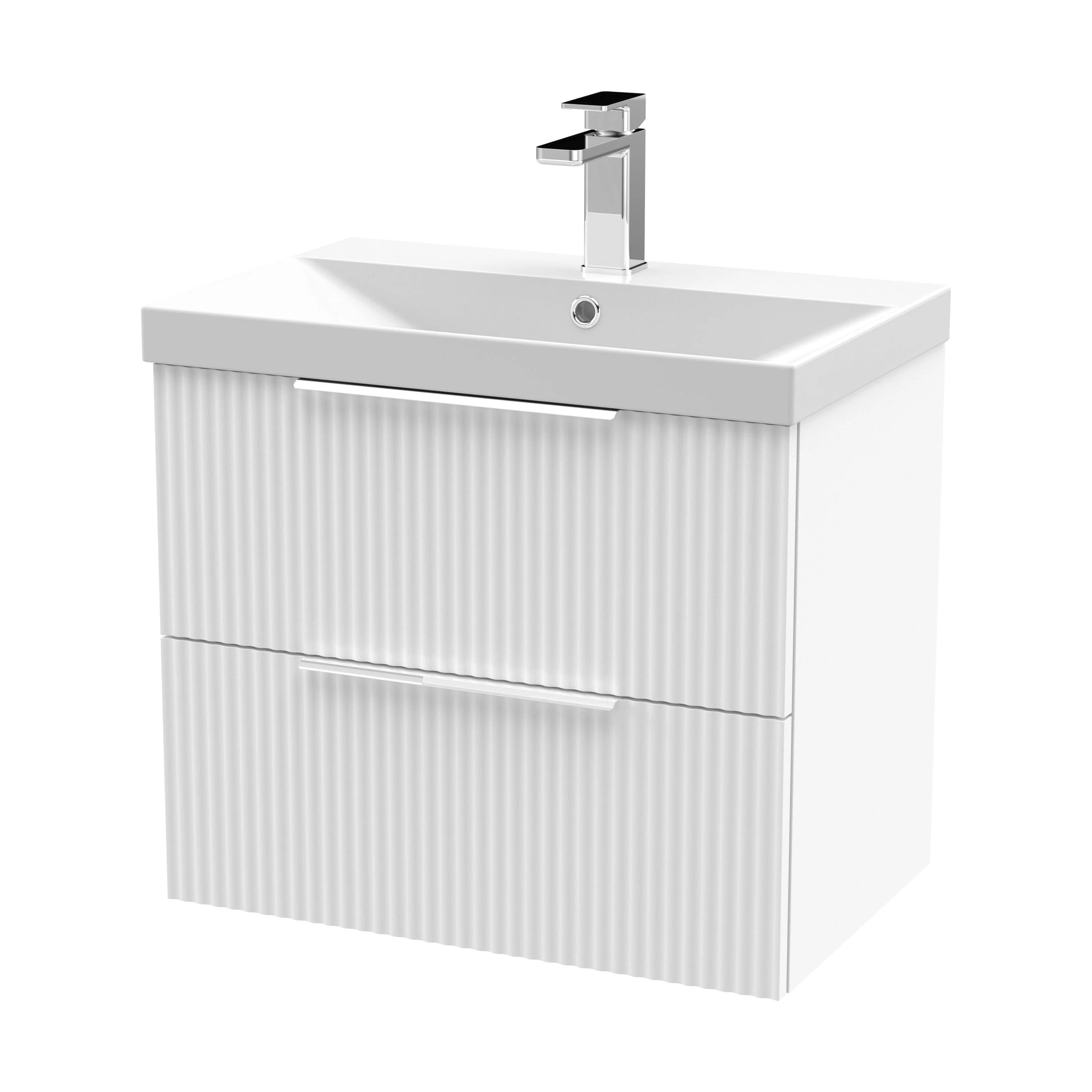 Tixall Fluted 2 Drawer Wall Hung Vanity Unit with Thin Edge Basin, Satin White, 600mm