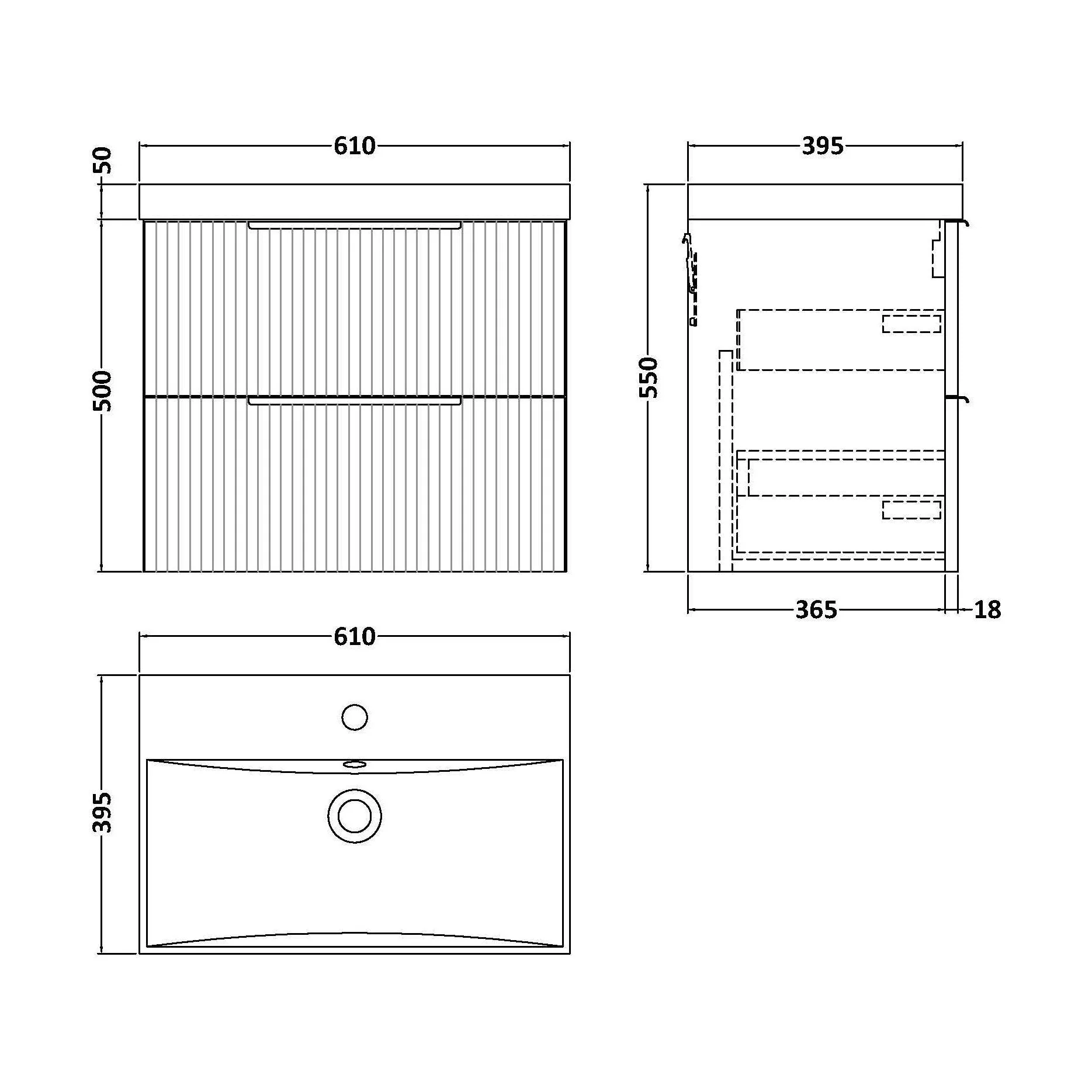 Tixall Fluted 2 Drawer Wall Hung Vanity Unit with Thin Edge Basin, Satin White, 600mm - Image 2