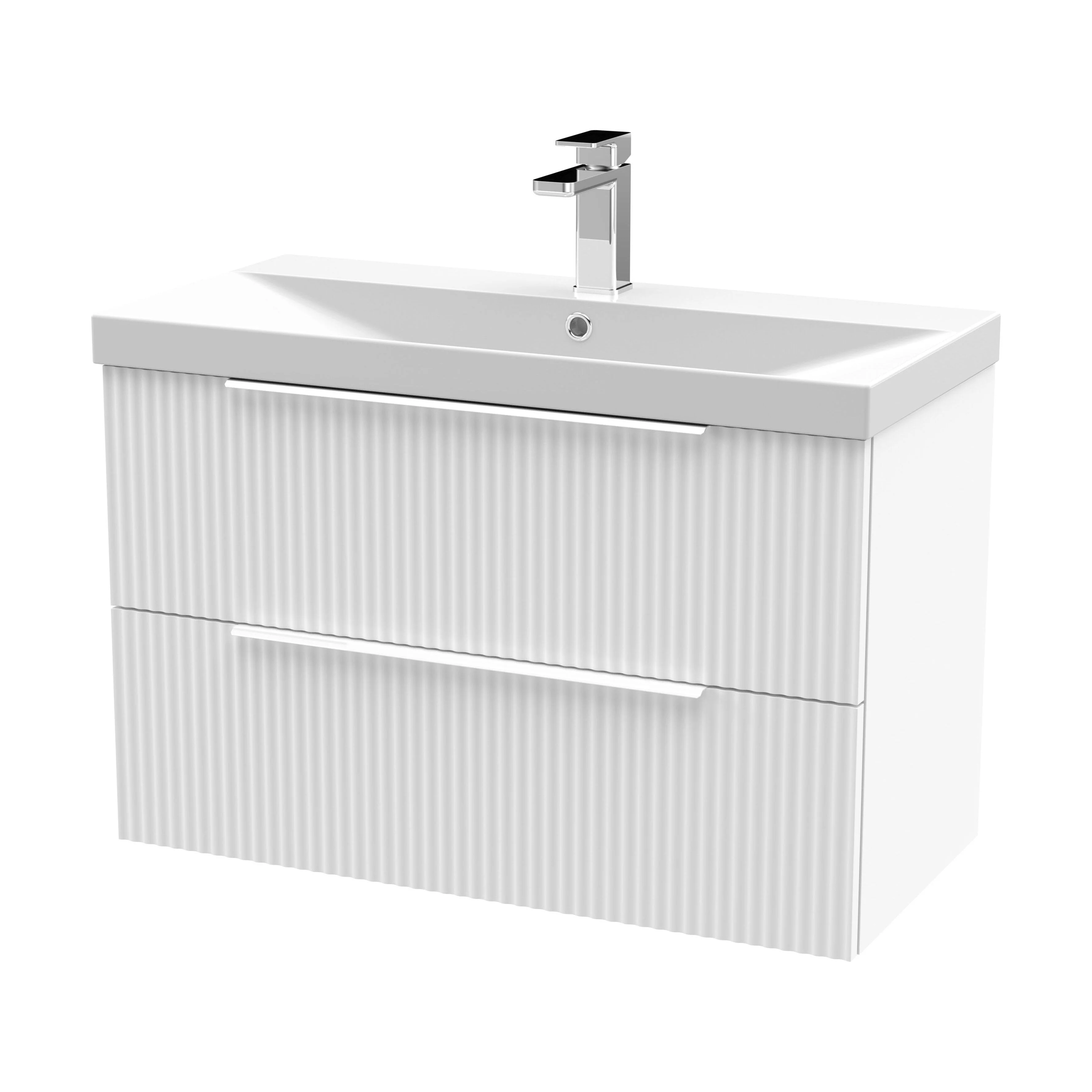 Tixall Fluted 2 Drawer Wall Hung Vanity Unit with Thin Edge Basin, Satin White, 800mm