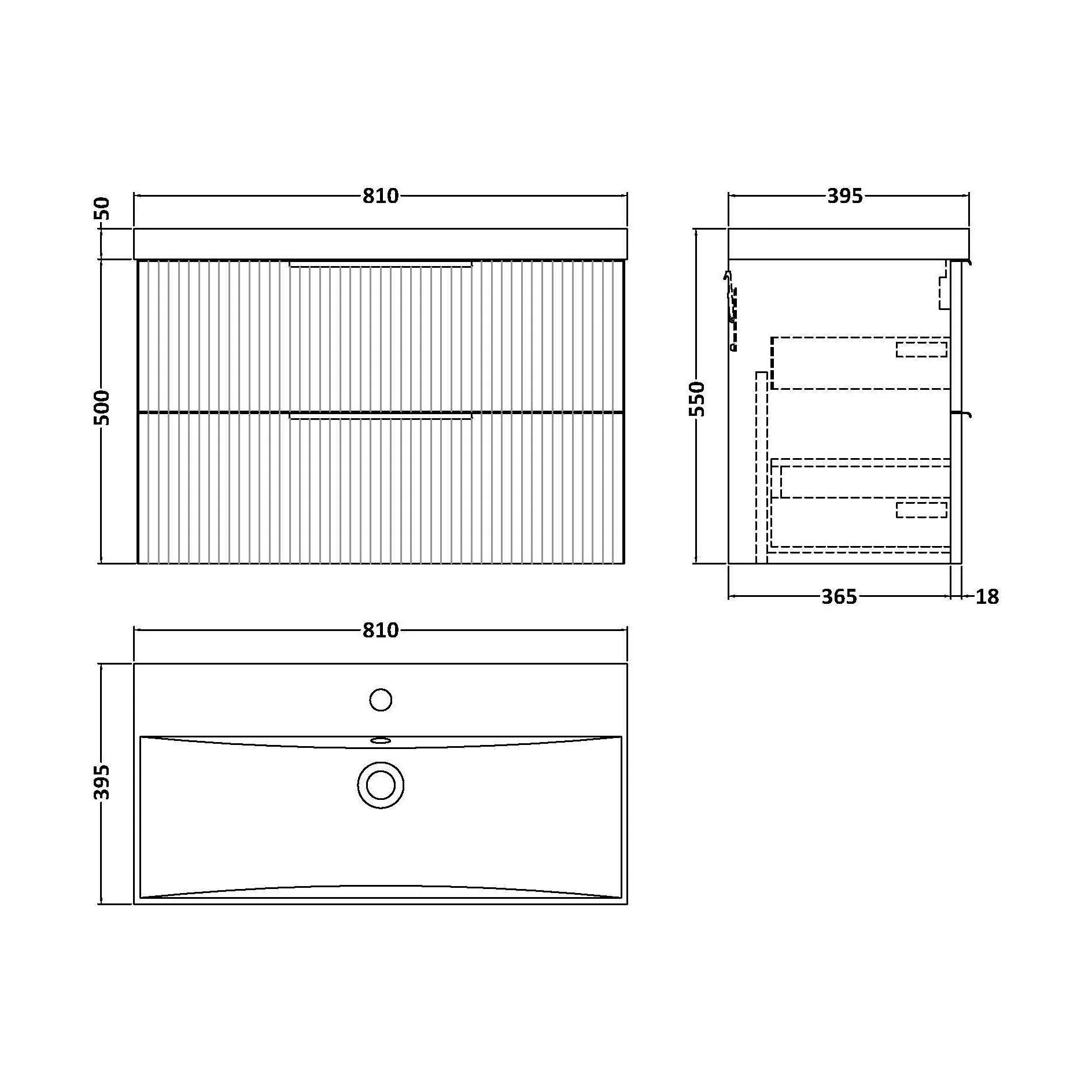 Tixall Fluted 2 Drawer Wall Hung Vanity Unit with Thin Edge Basin, Satin White, 800mm - Image 2