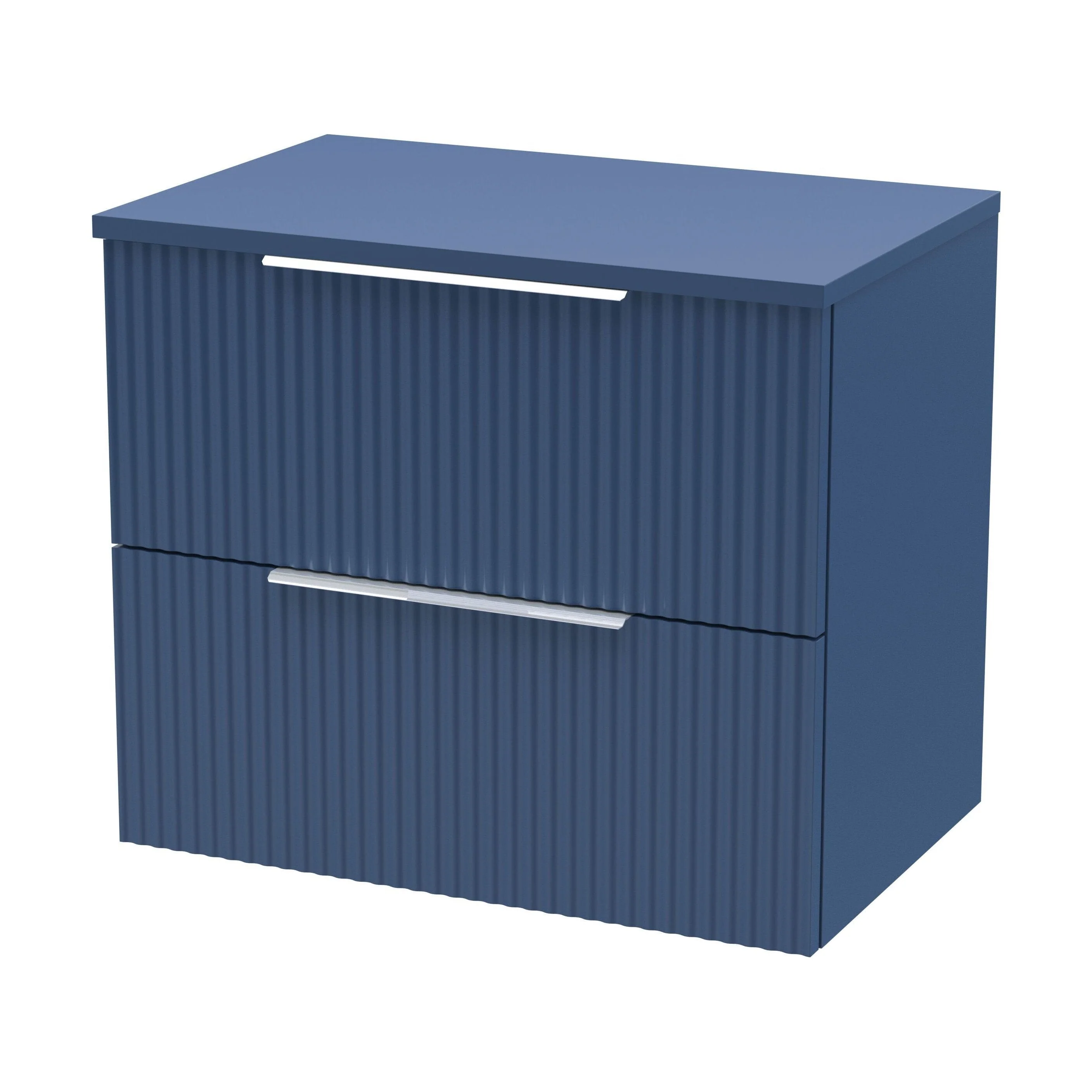 Tixall Fluted 2 Drawer Wall Hung Vanity Unit with Worktop, Satin Blue, 600mm