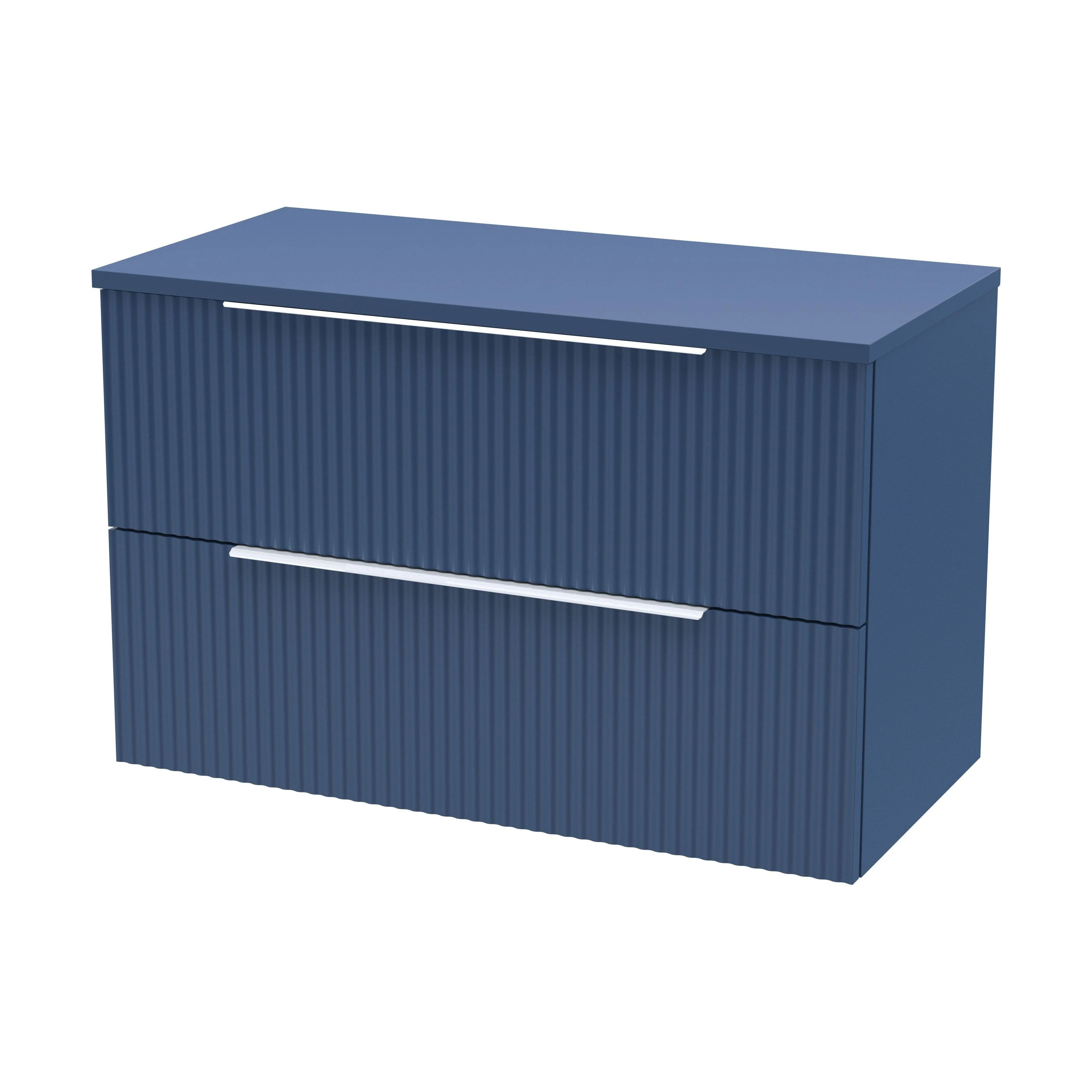 Tixall Fluted 2 Drawer Wall Hung Vanity Unit with Worktop, Satin Blue, 800mm