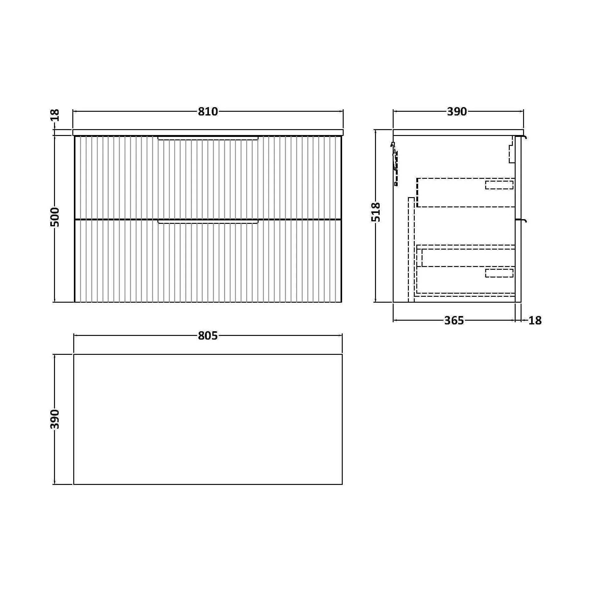 Tixall Fluted 2 Drawer Wall Hung Vanity Unit with Worktop, Satin Blue, 800mm - Image 2