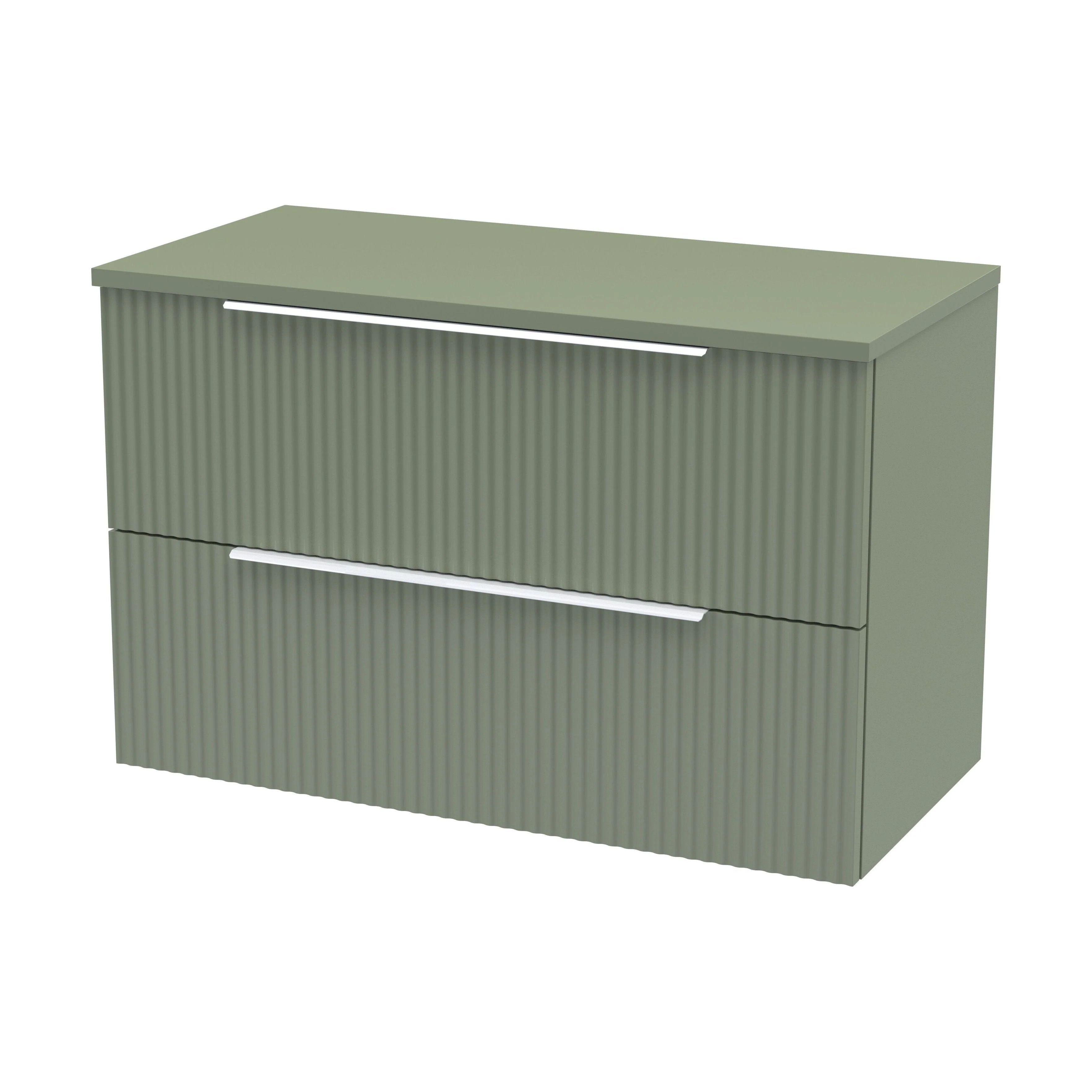Tixall Fluted 2 Drawer Wall Hung Vanity Unit with Worktop, Satin Green, 800mm
