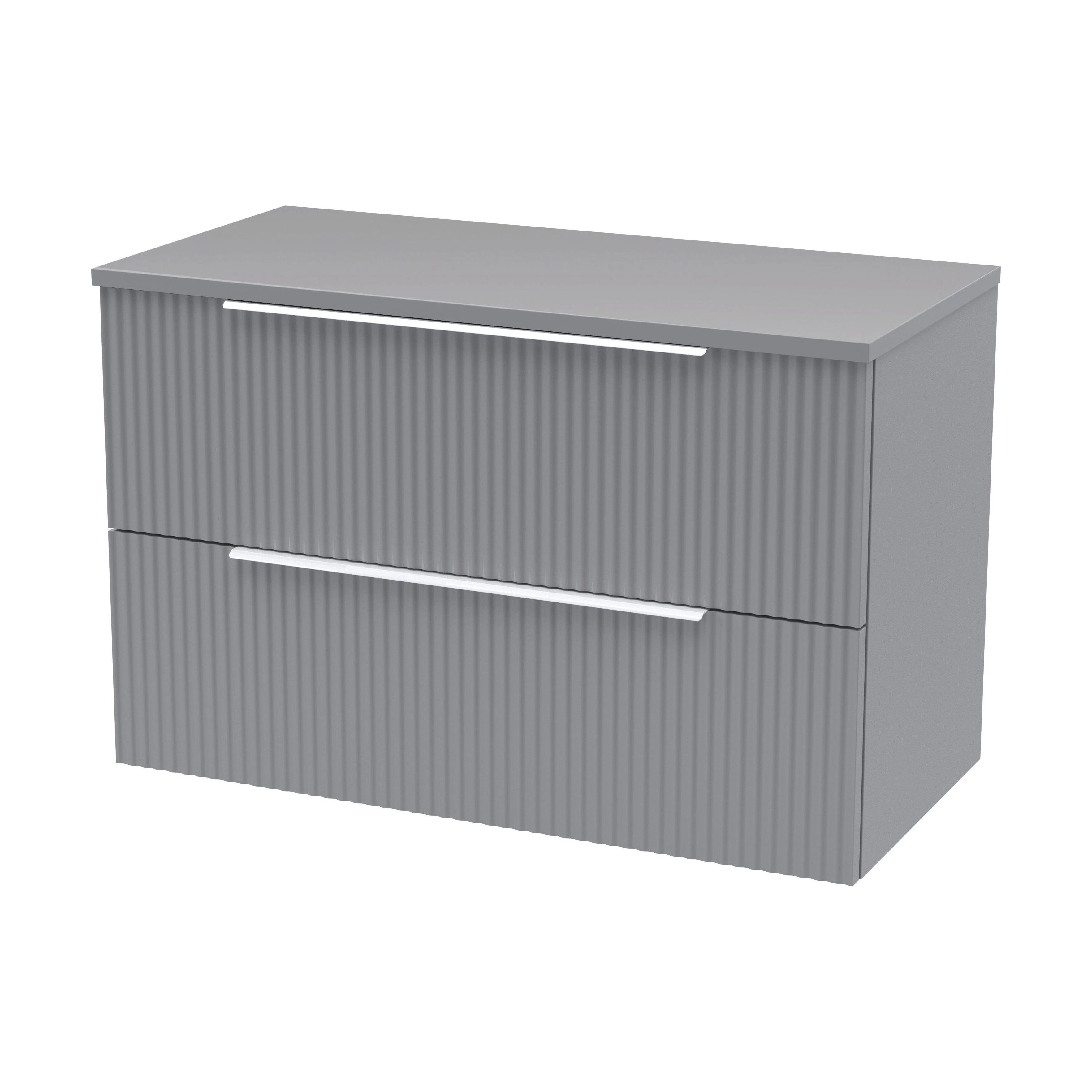 Tixall Fluted 2 Drawer Wall Hung Vanity Unit with Worktop, Satin Grey, 800mm