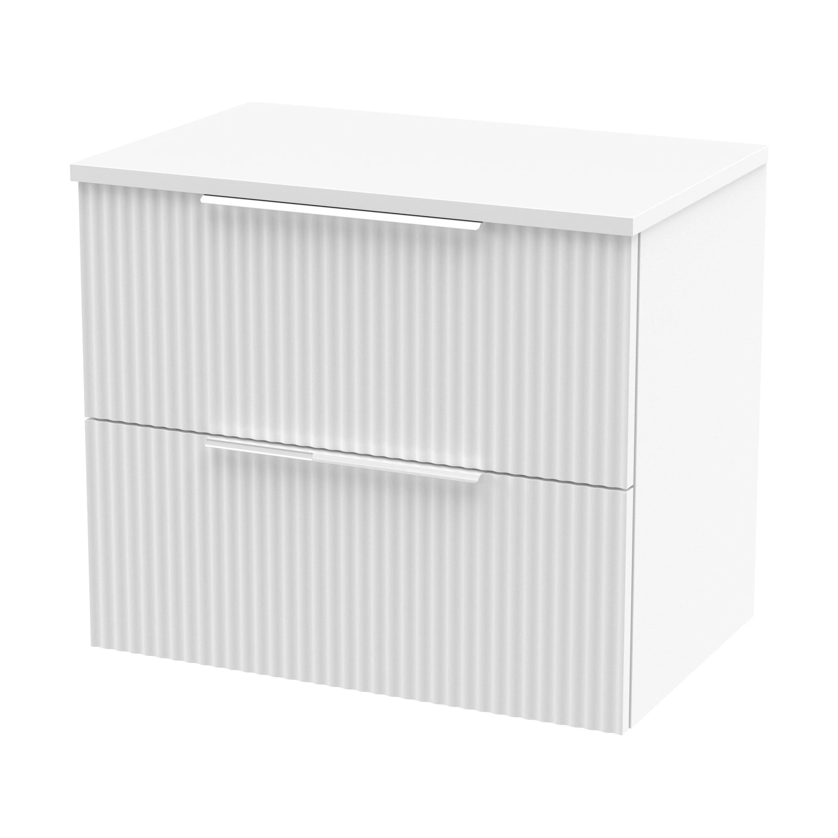 Tixall Fluted 2 Drawer Wall Hung Vanity Unit with Worktop, Satin White, 600mm