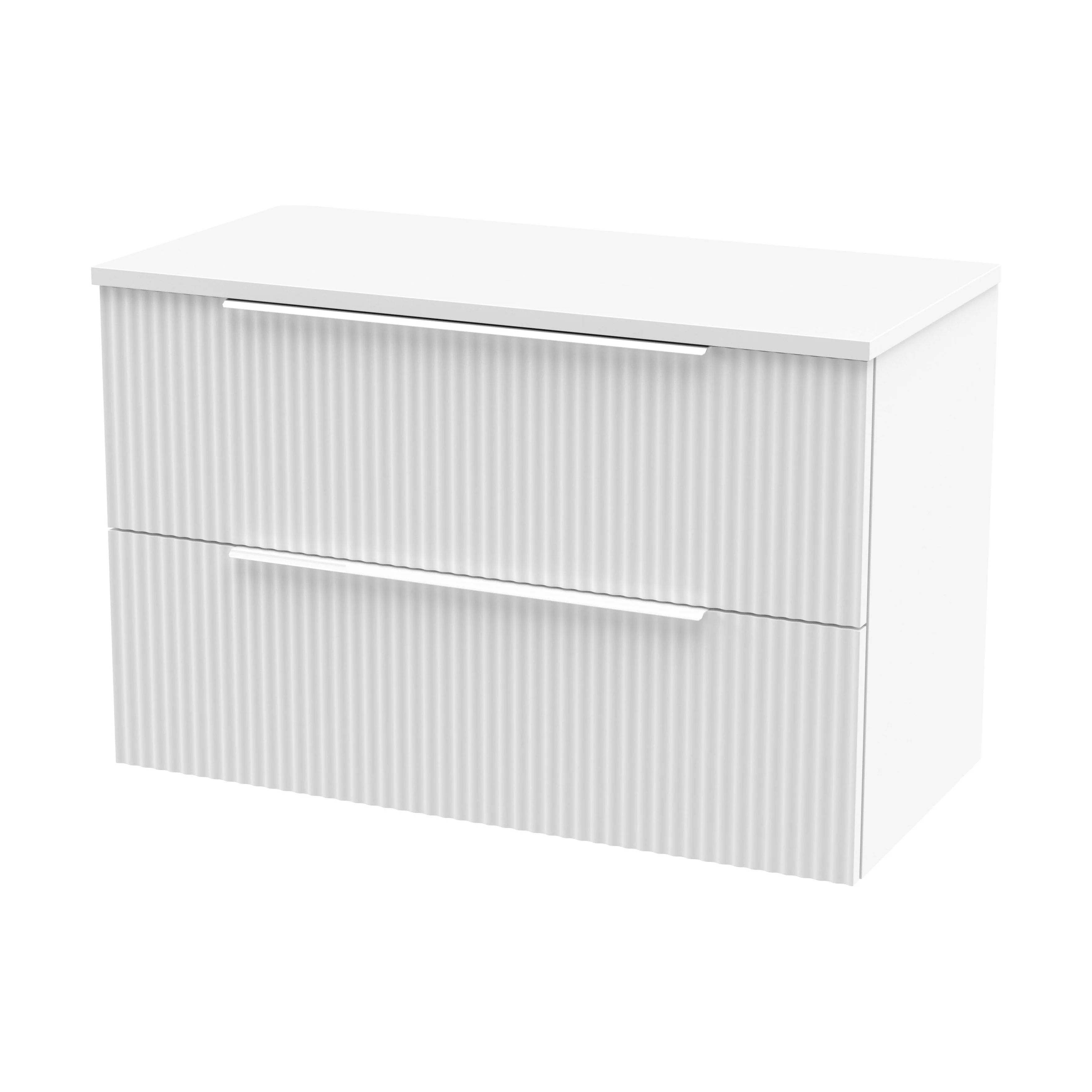 Tixall Fluted 2 Drawer Wall Hung Vanity Unit with Worktop, Satin White, 800mm