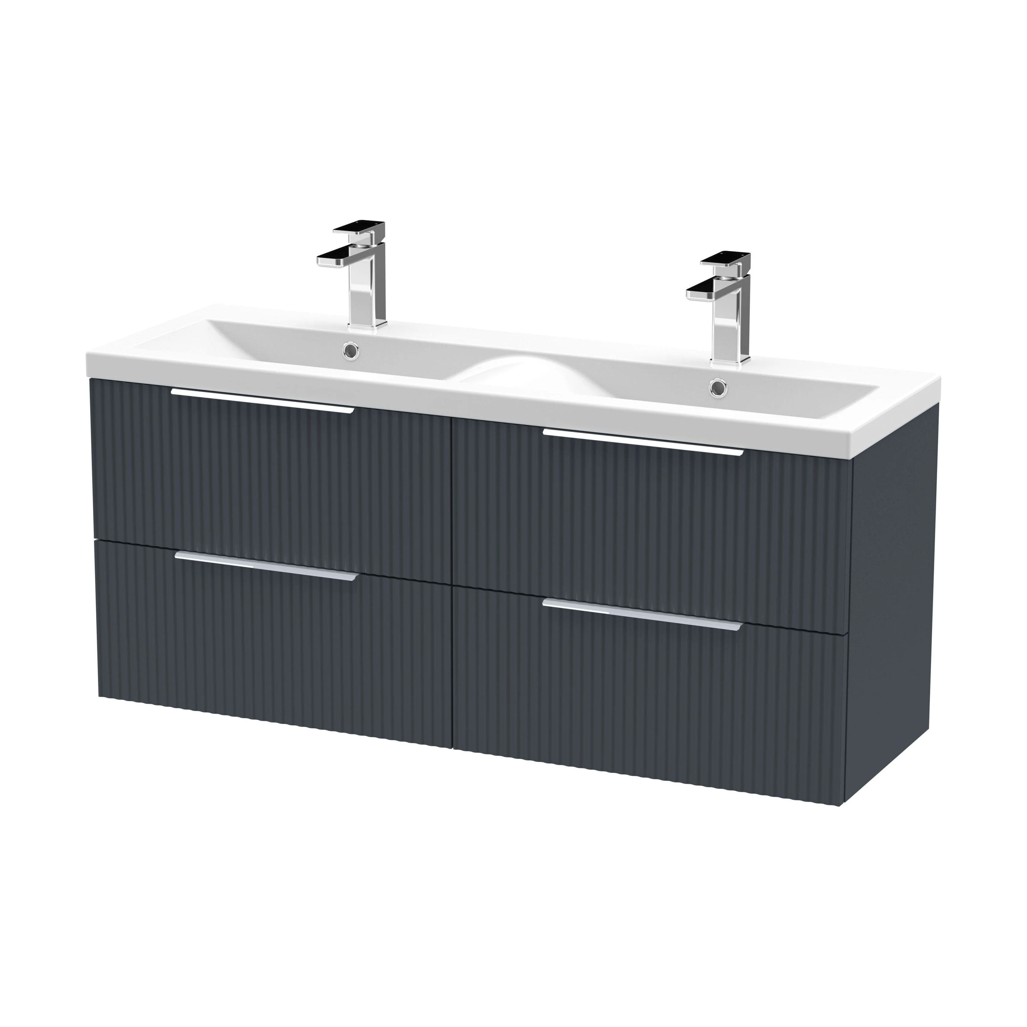Tixall Fluted 4 Drawer Wall Hung Vanity Unit with Double Basin, Dark Grey, 1200mm