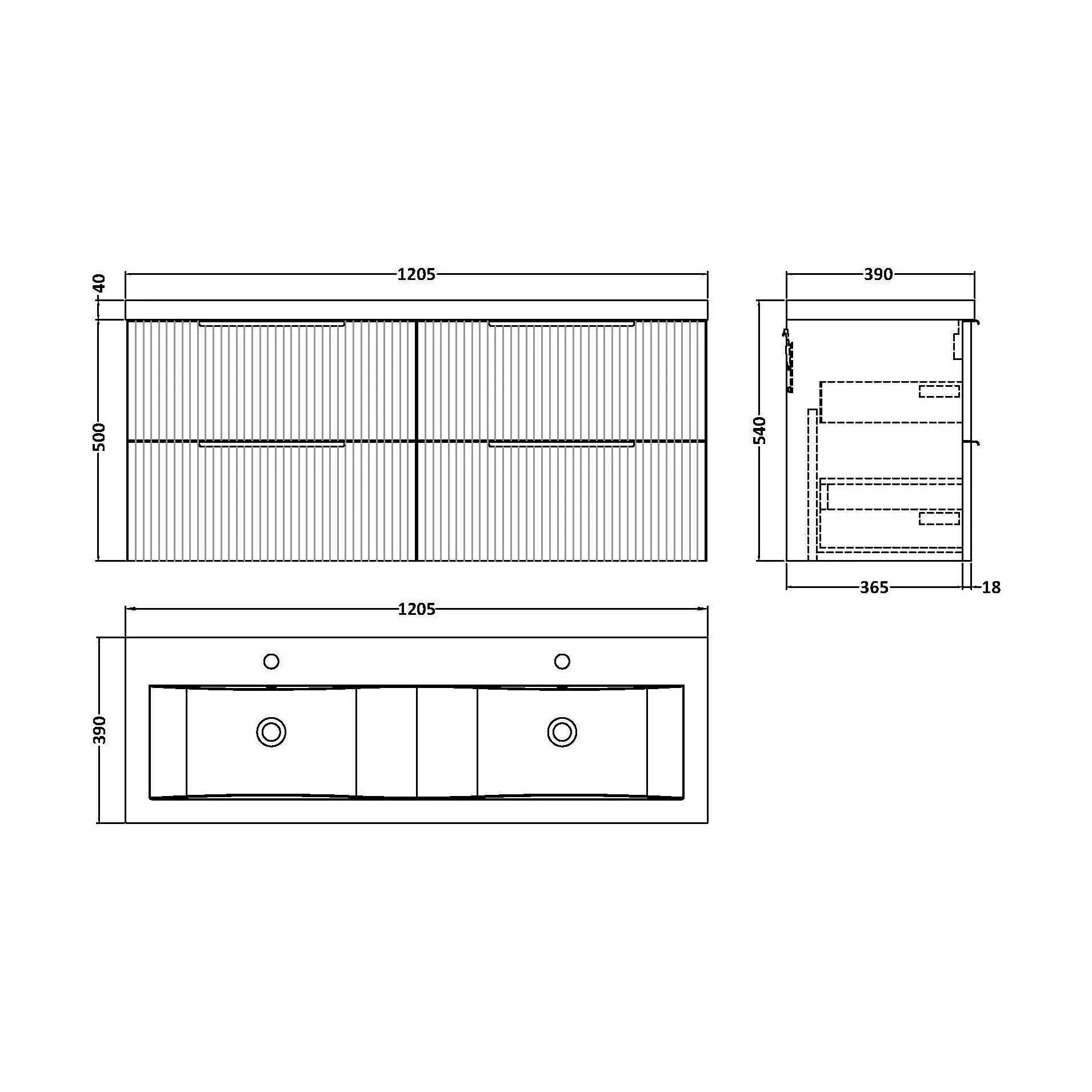 Tixall Fluted 4 Drawer Wall Hung Vanity Unit with Double Basin, Satin Blue, 1200mm - Image 2