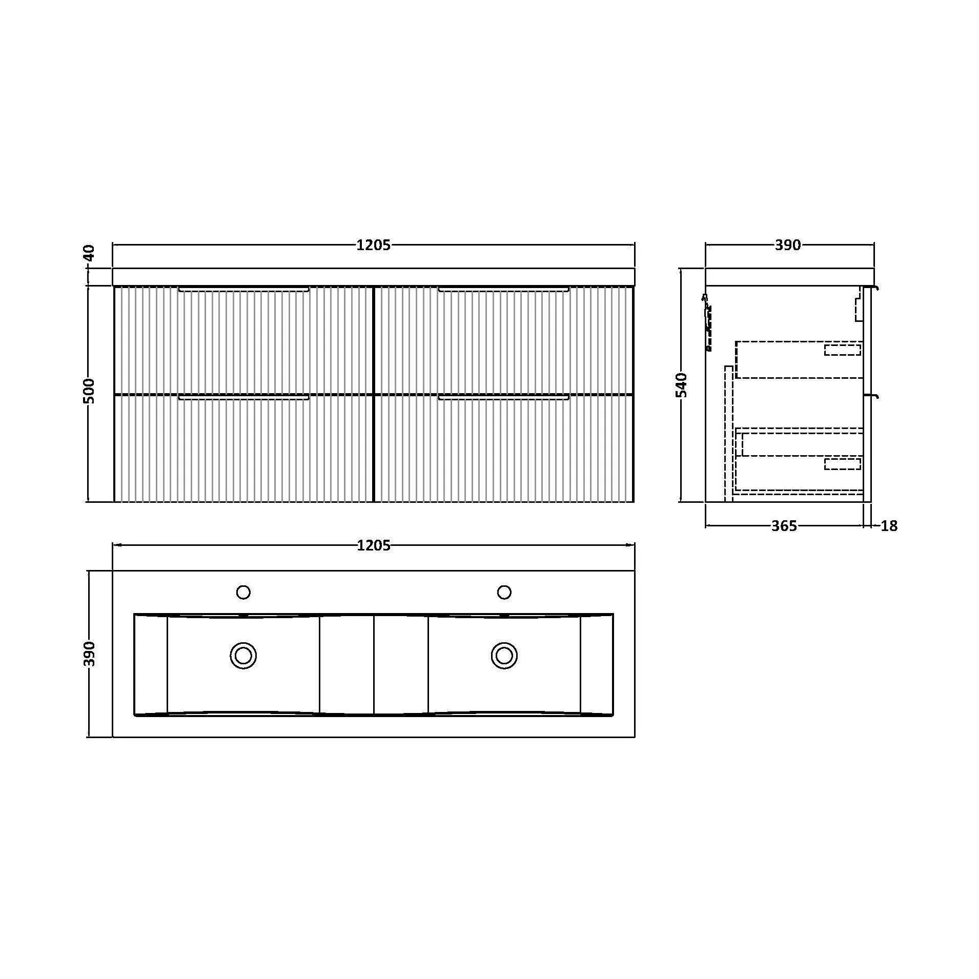 Tixall Fluted 4 Drawer Wall Hung Vanity Unit with Double Basin, Satin Grey, 1200mm - Image 2