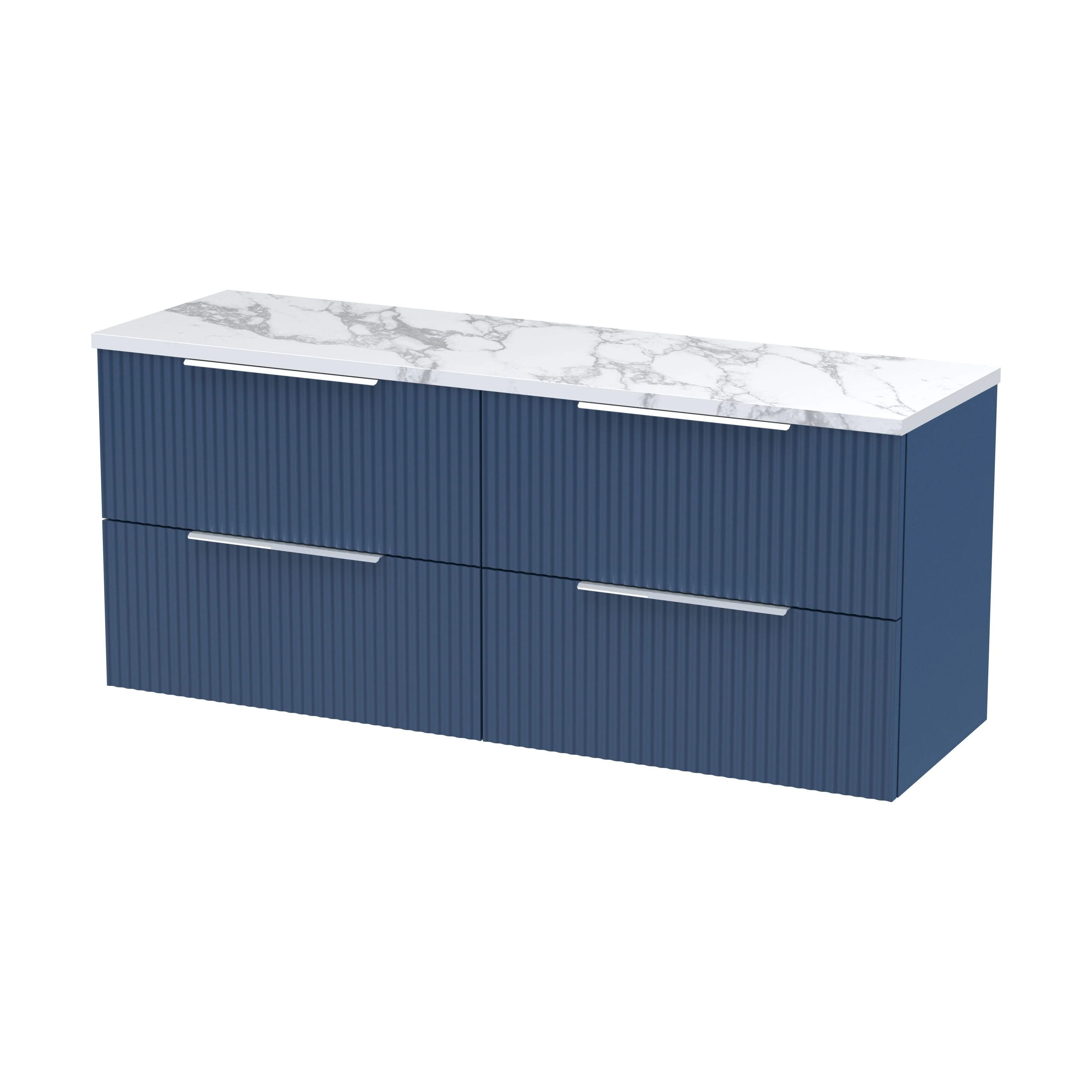 Tixall Fluted 4 Drawer Wall Hung Vanity Unit with Laminate Worktop, Satin Blue, 1200mm