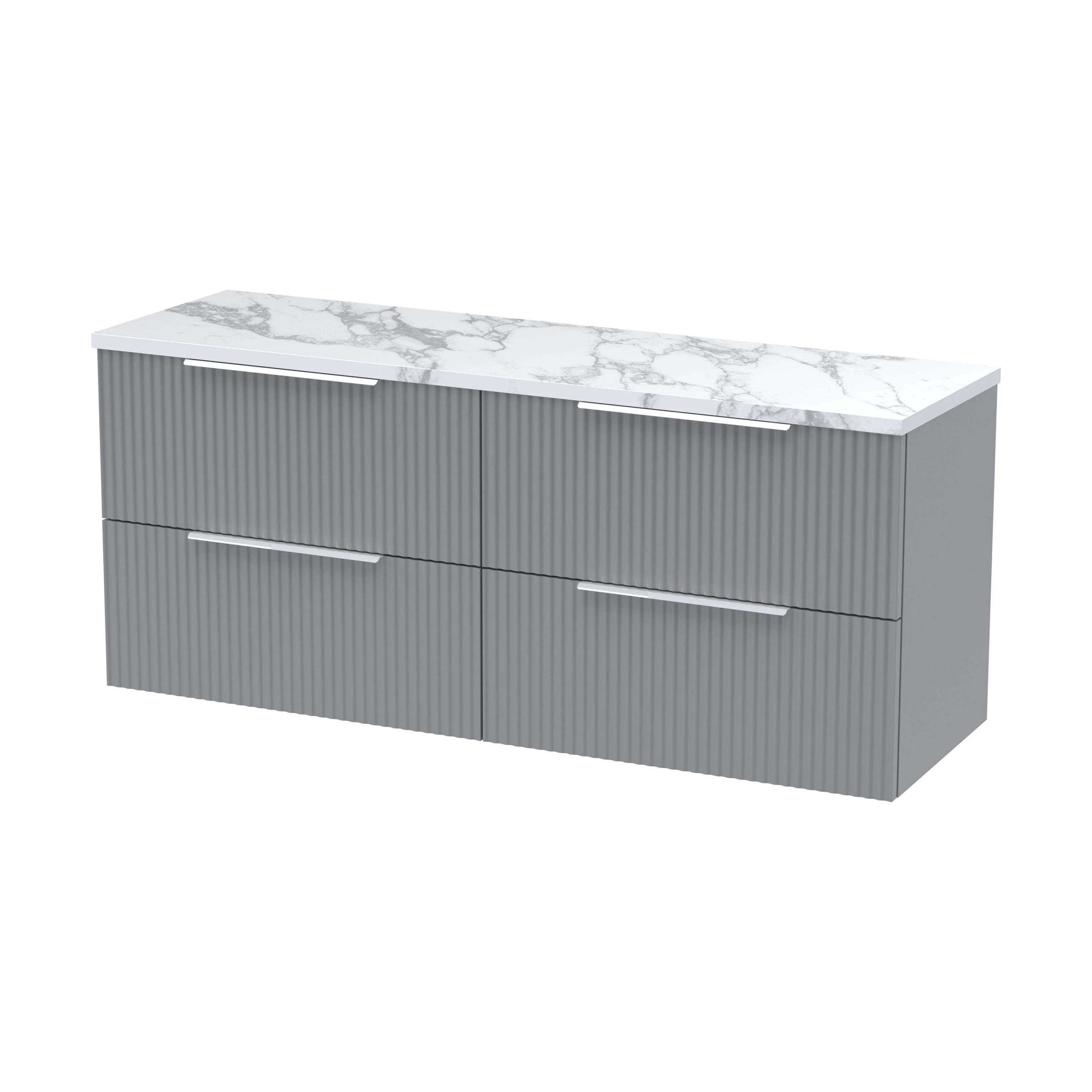 Tixall Fluted 4 Drawer Wall Hung Vanity Unit with Laminate Worktop, Satin Grey, 1200mm