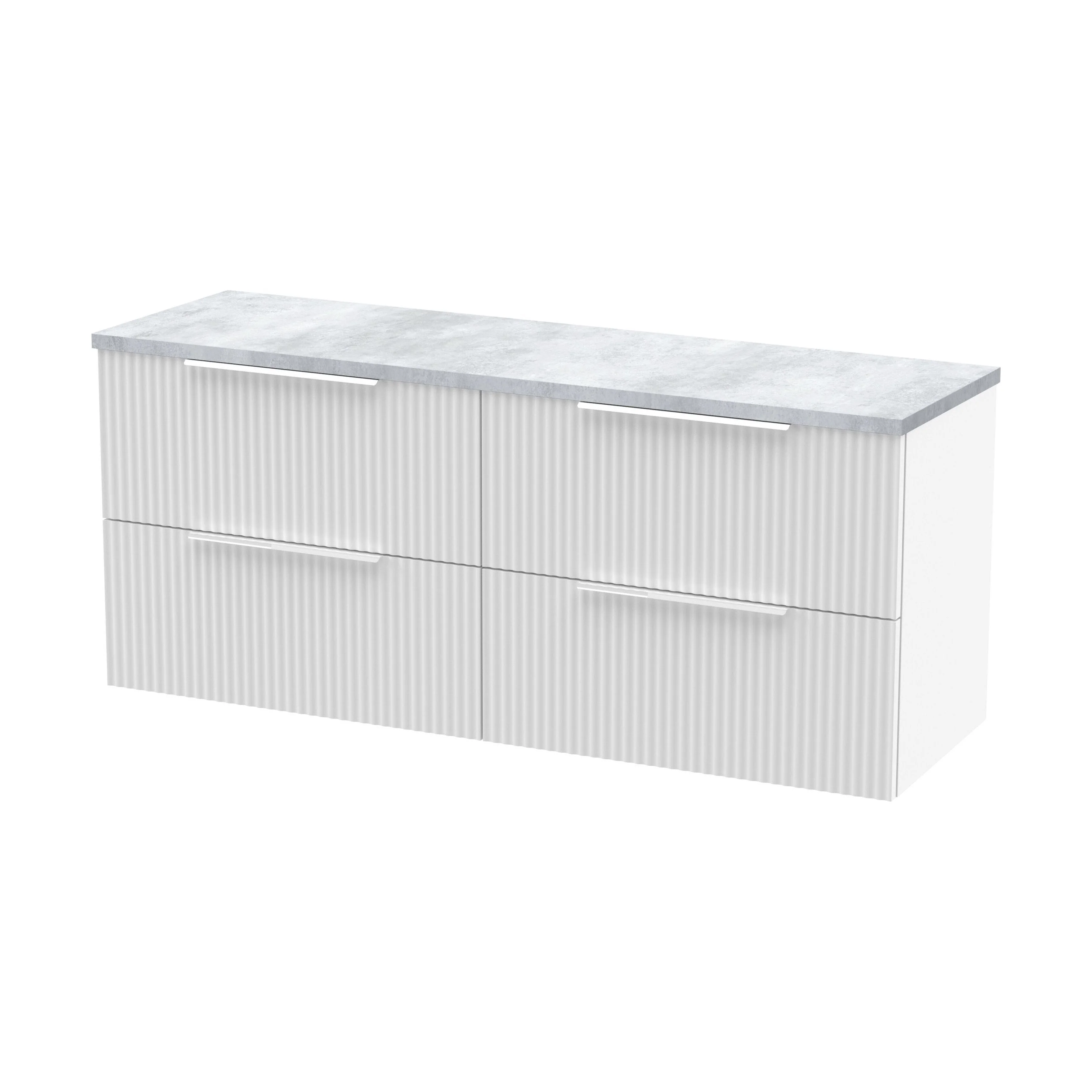 Tixall Fluted 4 Drawer Wall Hung Vanity Unit with Laminate Worktop, Satin White, 1200mm