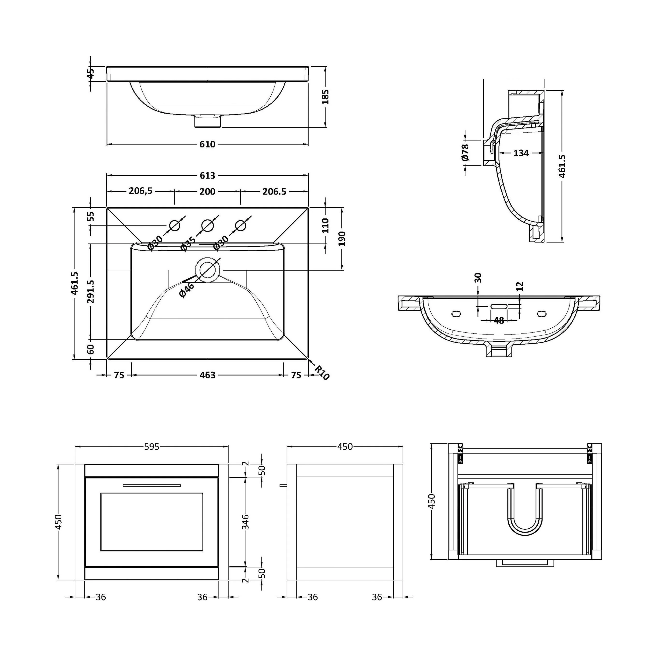 Blithbury Traditional Bathroom Wall Hung Vanity with Modern Fireclay Basin Unit - Choice of Size, Colour and Basin Type - Image 75