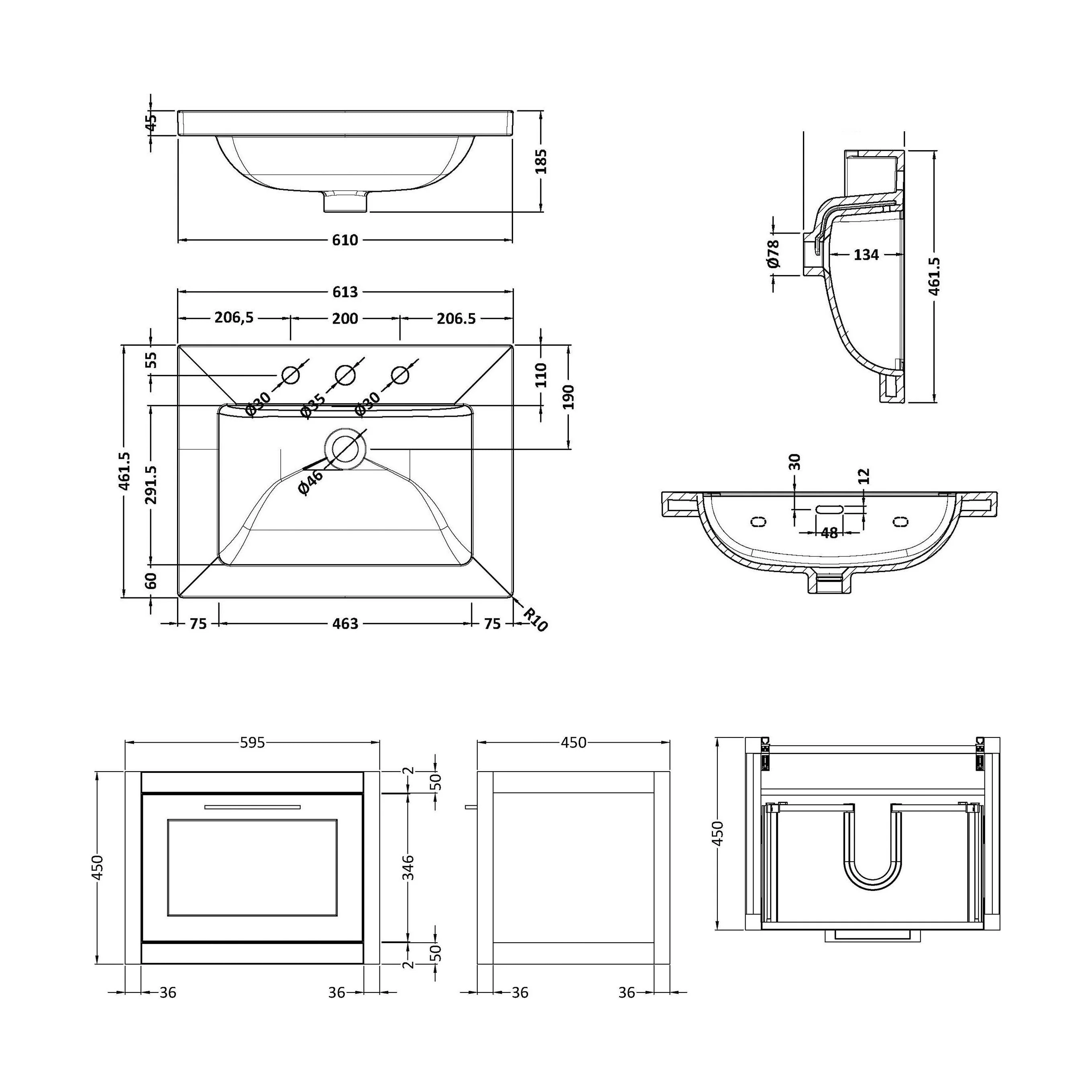 Blithbury Traditional Bathroom Wall Hung Vanity with Modern Fireclay Basin Unit - Choice of Size, Colour and Basin Type - Image 84