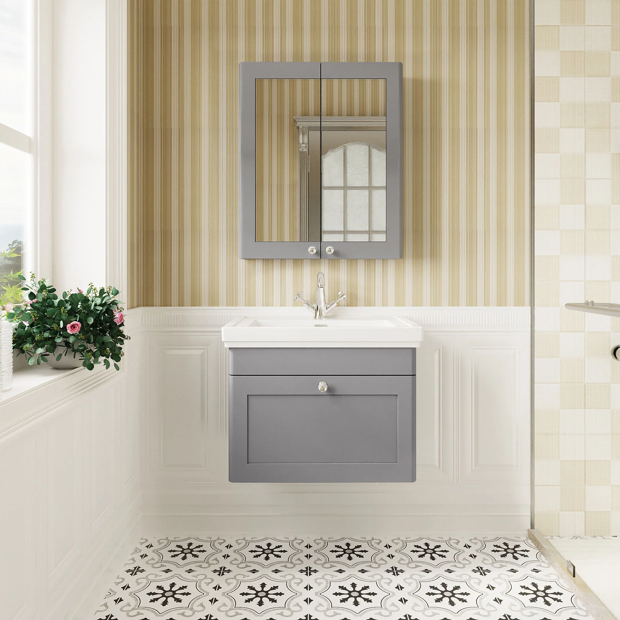 Swynnerton Traditional Wall Hung 1 Drawer Vanity Basin Unit with Fireclay Basin - Choice of Colour and Size - Image 10