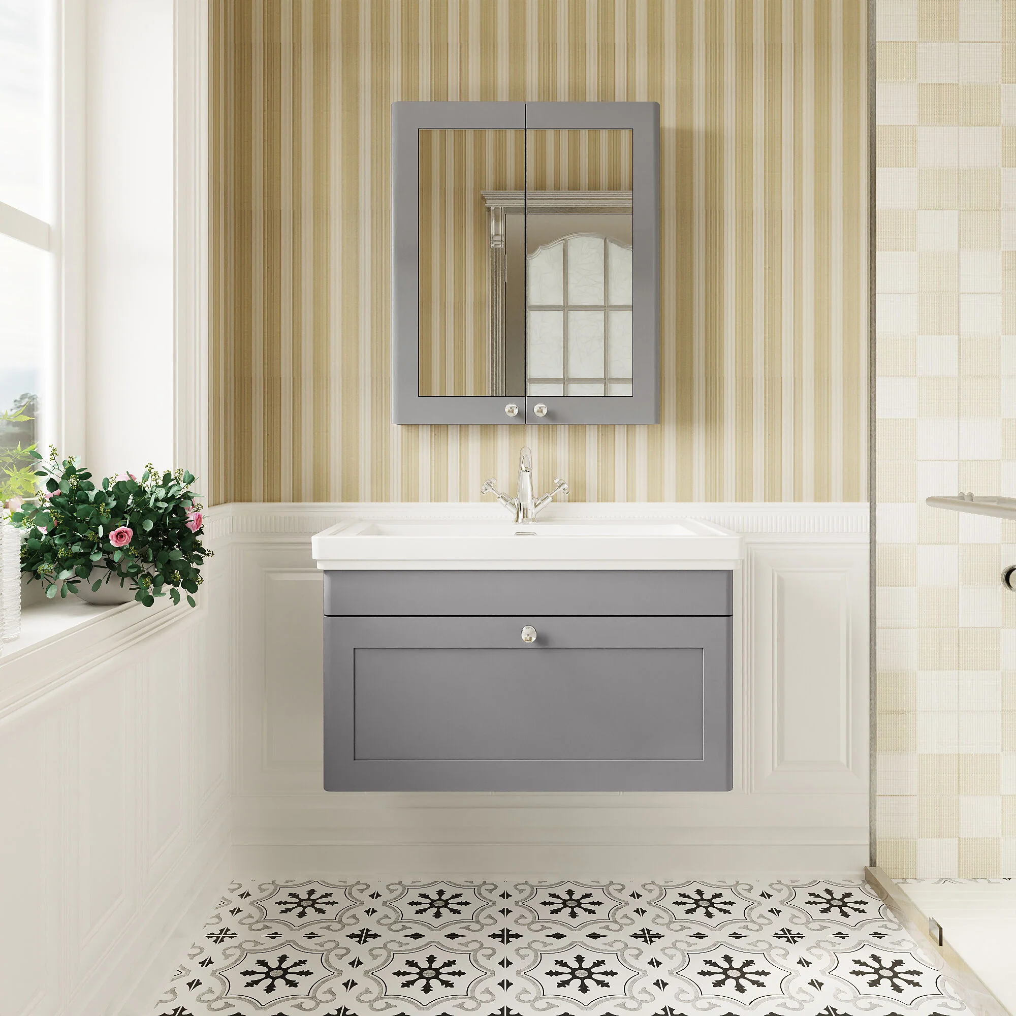 Swynnerton Traditional Wall Hung 1 Drawer Vanity Basin Unit with Fireclay Basin - Choice of Colour and Size - Image 11