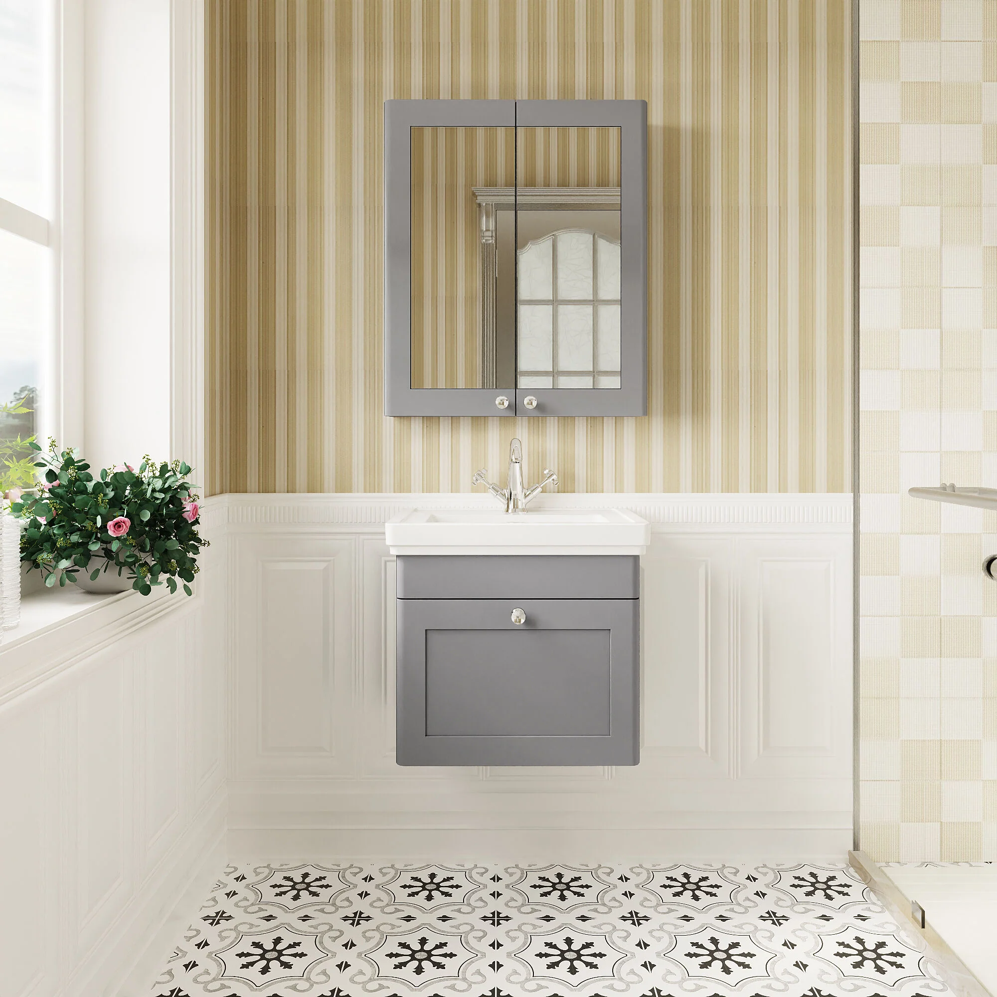 Swynnerton Traditional Wall Hung 1 Drawer Vanity Basin Unit with Fireclay Basin - Choice of Colour and Size - Image 9