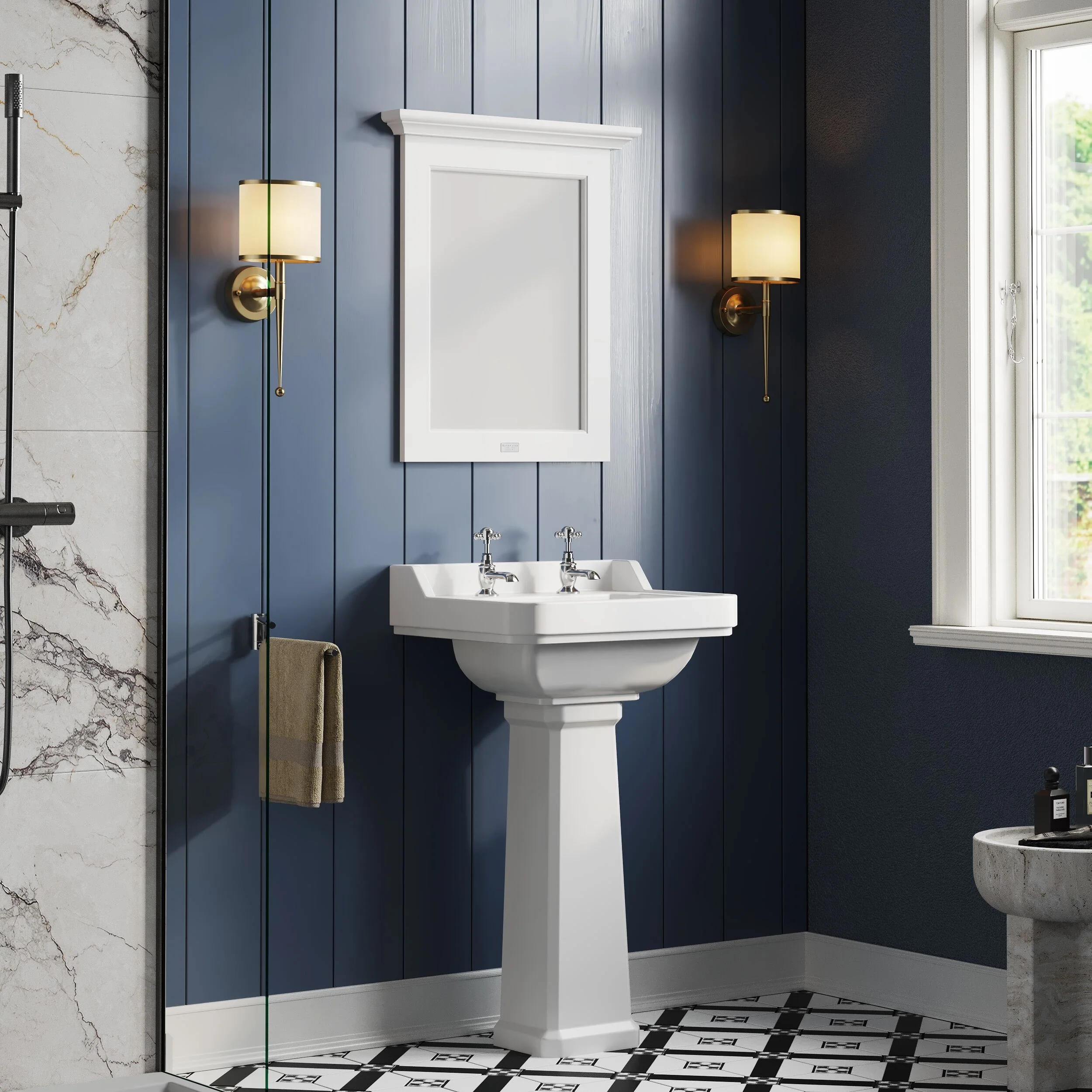 Madeley Traditional 2 Tap Hole Ceramic Bathroom Basin Sink & Full Pedestal - 560mm - Image 3