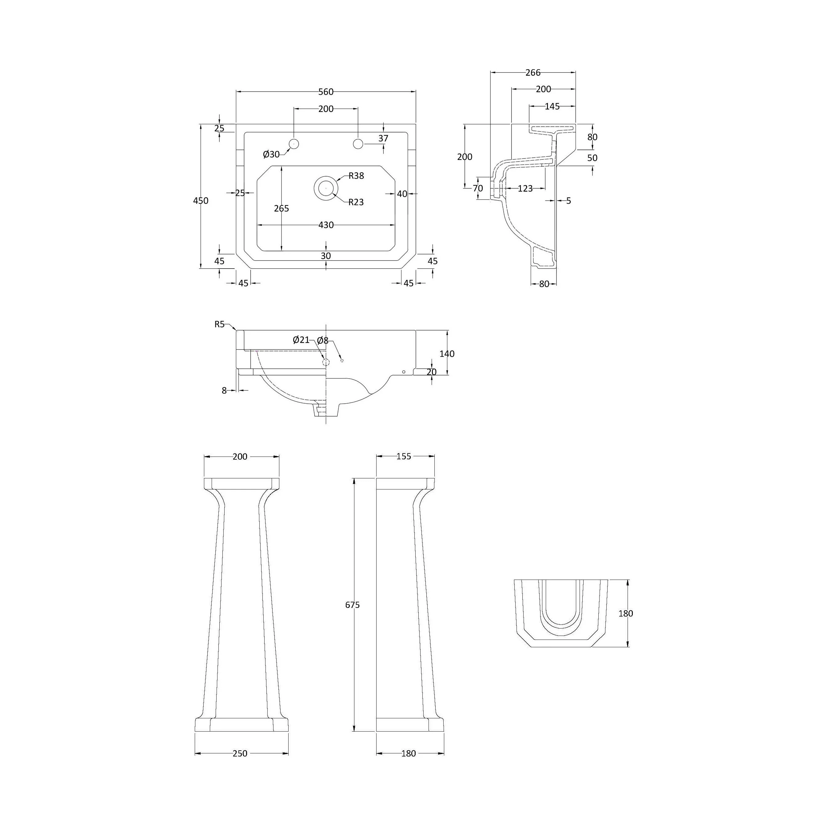 Madeley Traditional 2 Tap Hole Ceramic Bathroom Basin Sink & Full Pedestal - 560mm - Image 5