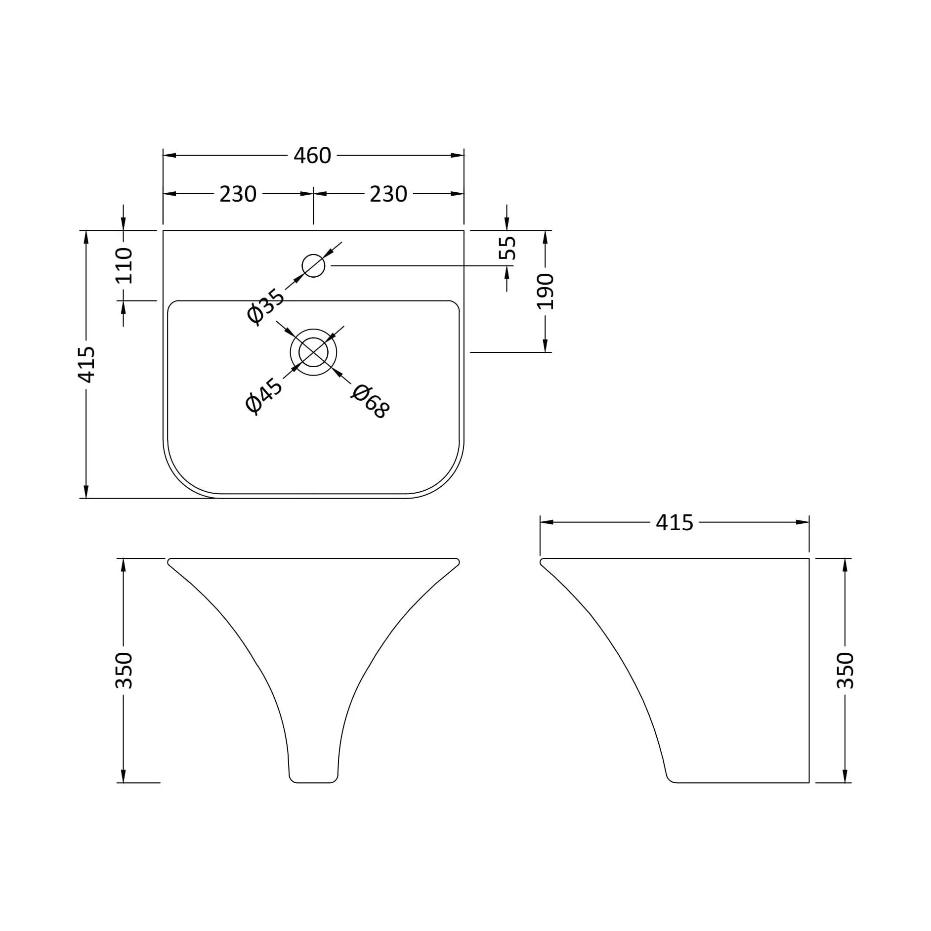 Trysull Contemporary Wall Hung 1 Tap Hole Ceramic Bathroom Basin, 350 x 460 x 415mm - Image 3