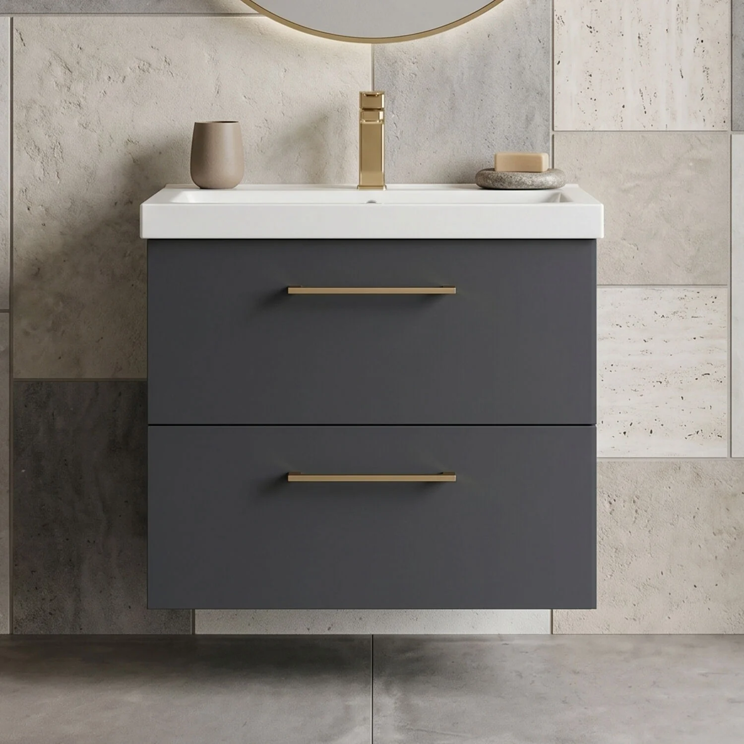 Bramshall Wall Hung 2 Drawer Vanity Unit with Mid-Edge Ceramic Basin - Choice of Colour, Handle Finish and Size - Image 12