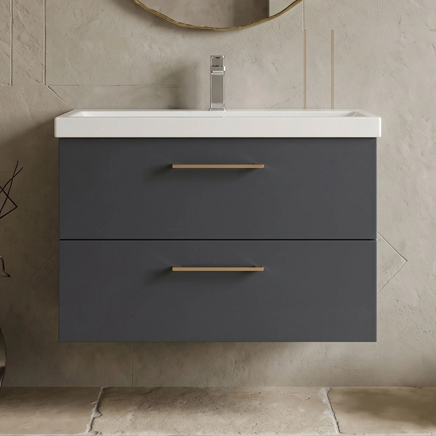 Bramshall Wall Hung 2 Drawer Vanity Unit with Mid-Edge Ceramic Basin - Choice of Colour, Handle Finish and Size - Image 16