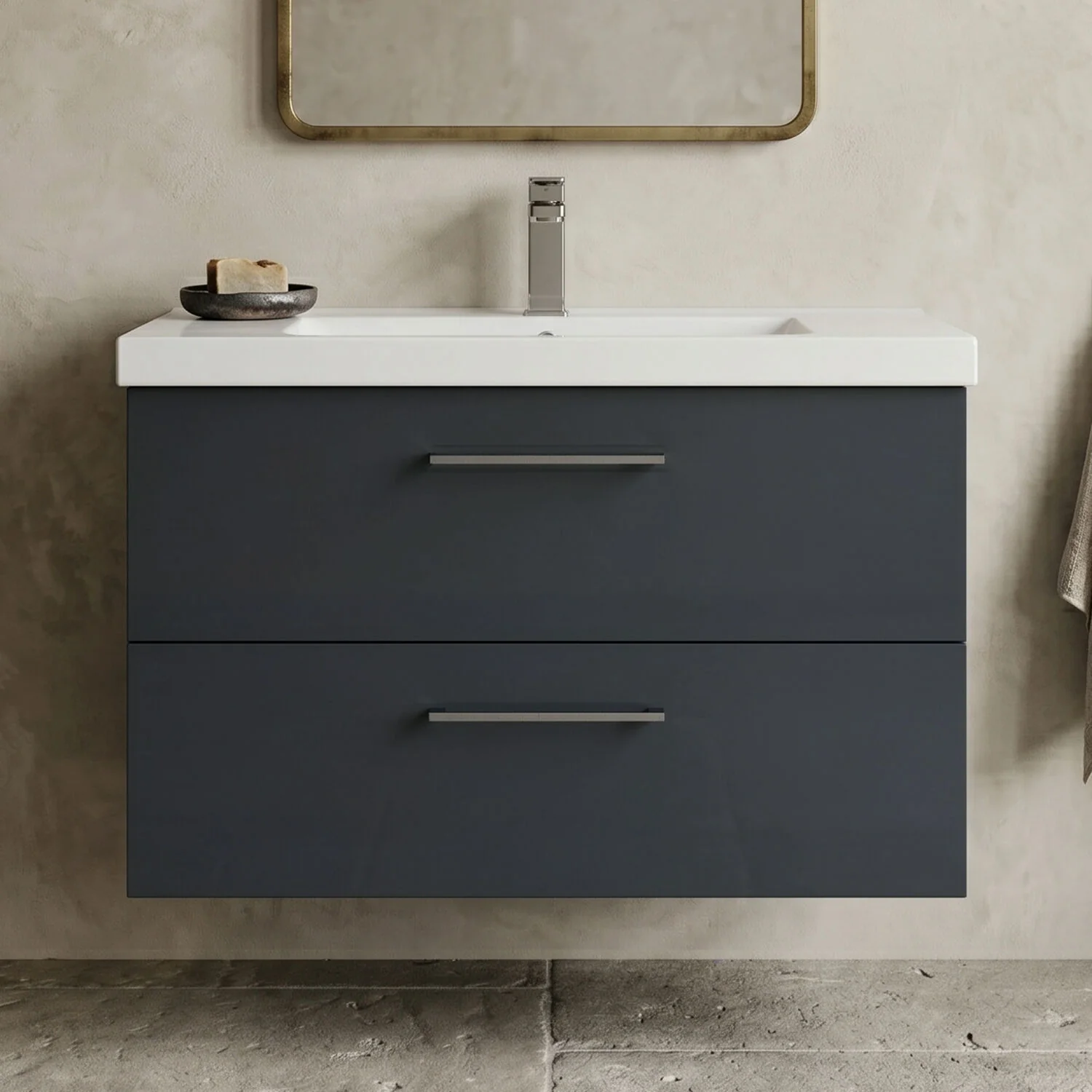 Bramshall Wall Hung 2 Drawer Vanity Unit with Mid-Edge Ceramic Basin - Choice of Colour, Handle Finish and Size - Image 18