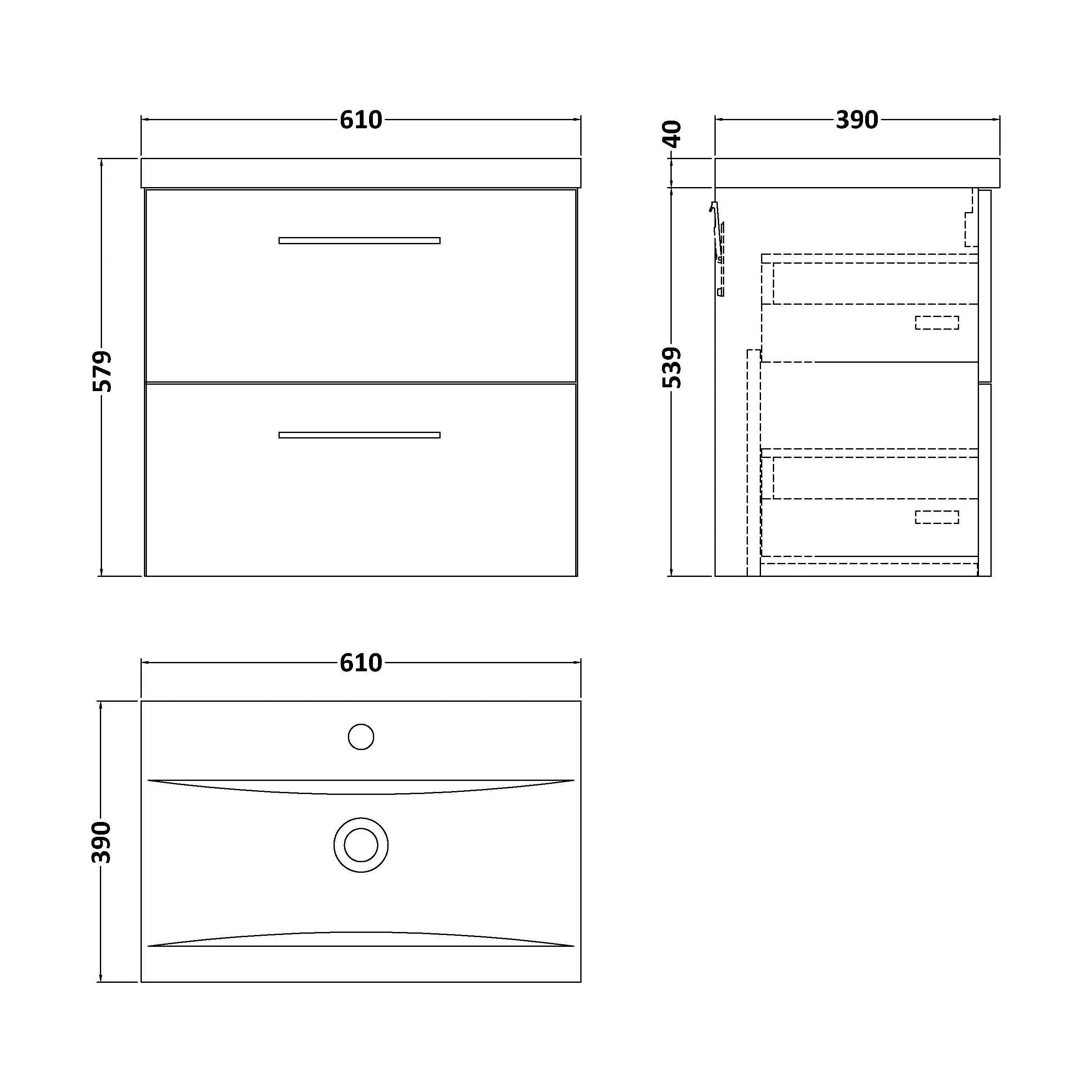 Bramshall Wall Hung 2 Drawer Vanity Unit with Mid-Edge Ceramic Basin - Choice of Colour, Handle Finish and Size - Image 195