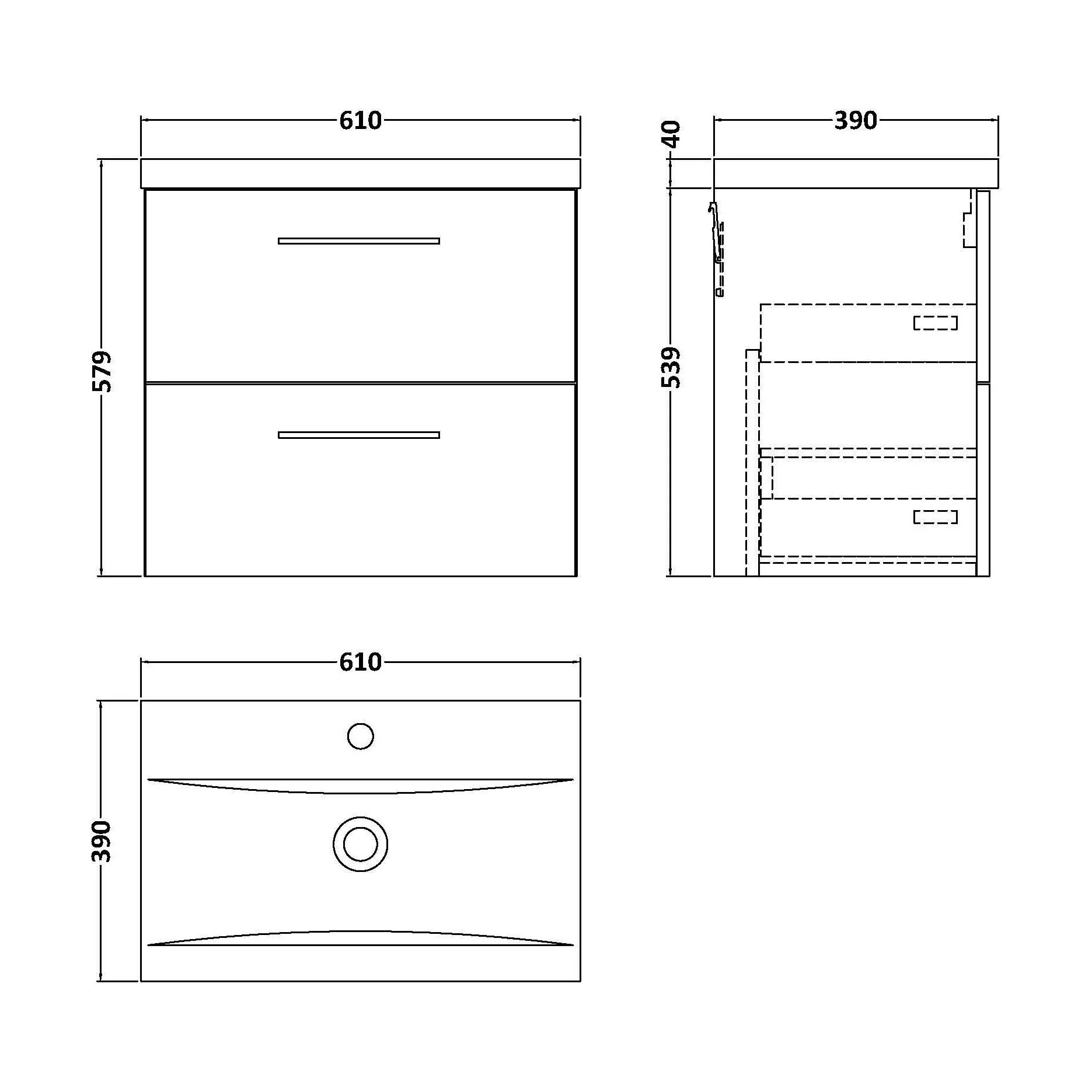 Bramshall Wall Hung 2 Drawer Vanity Unit with Mid-Edge Ceramic Basin - Choice of Colour, Handle Finish and Size - Image 232