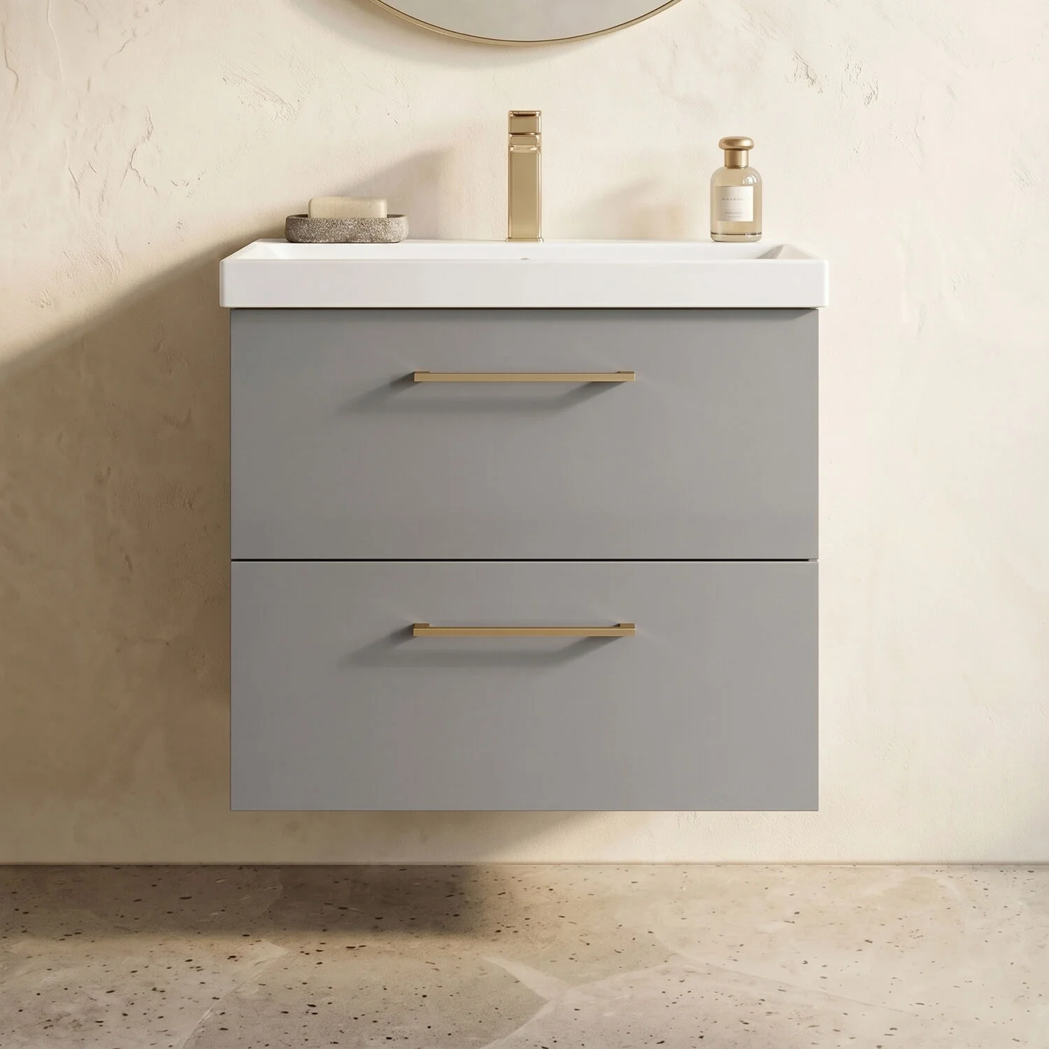 Bramshall Wall Hung 2 Drawer Vanity Unit with Mid-Edge Ceramic Basin - Choice of Colour, Handle Finish and Size - Image 24