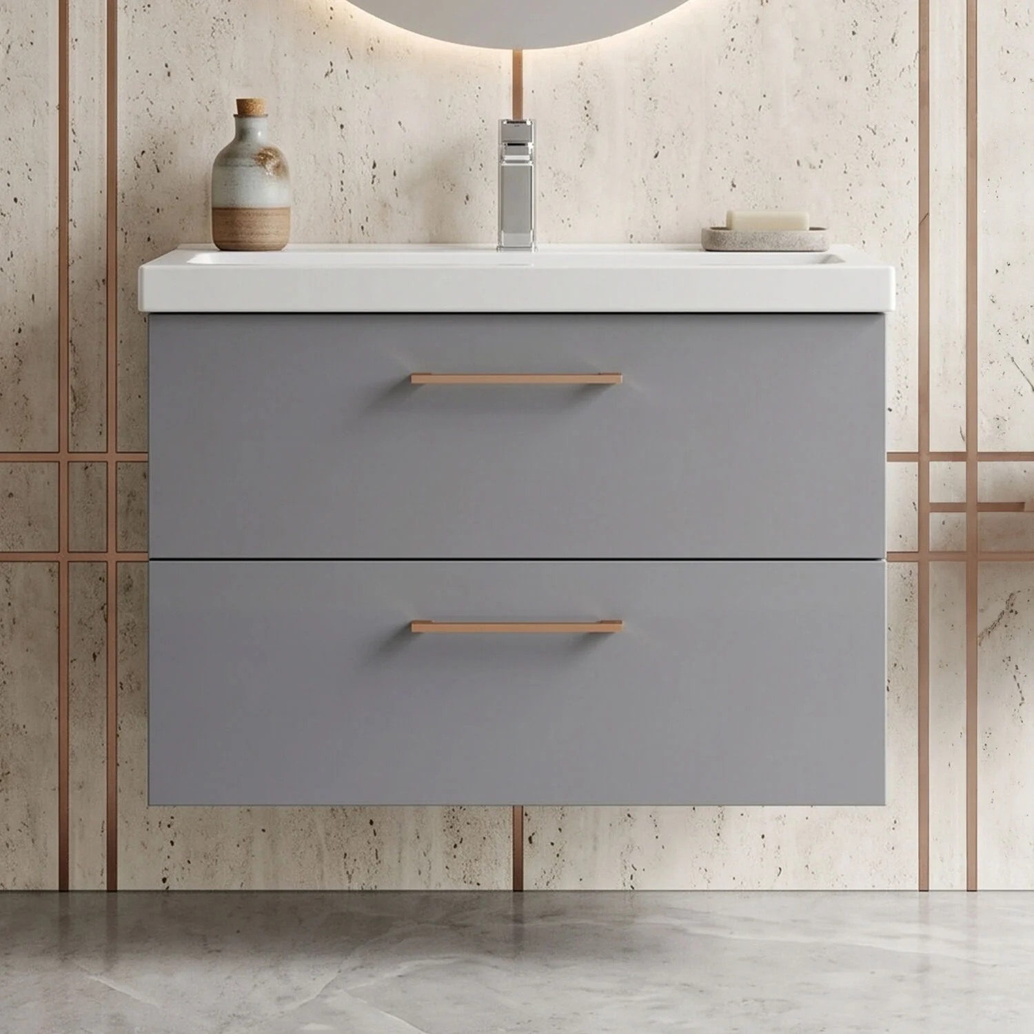 Bramshall Wall Hung 2 Drawer Vanity Unit with Mid-Edge Ceramic Basin - Choice of Colour, Handle Finish and Size - Image 27