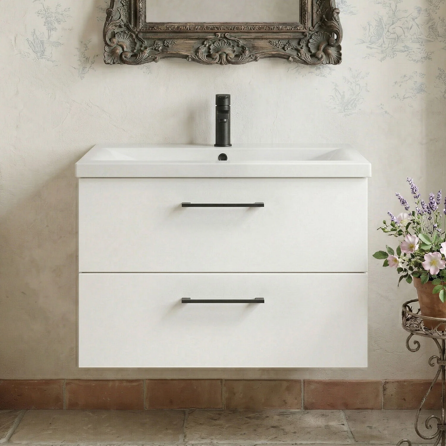 Bramshall Wall Hung 2 Drawer Vanity Unit with Mid-Edge Ceramic Basin - Choice of Colour, Handle Finish and Size - Image 3