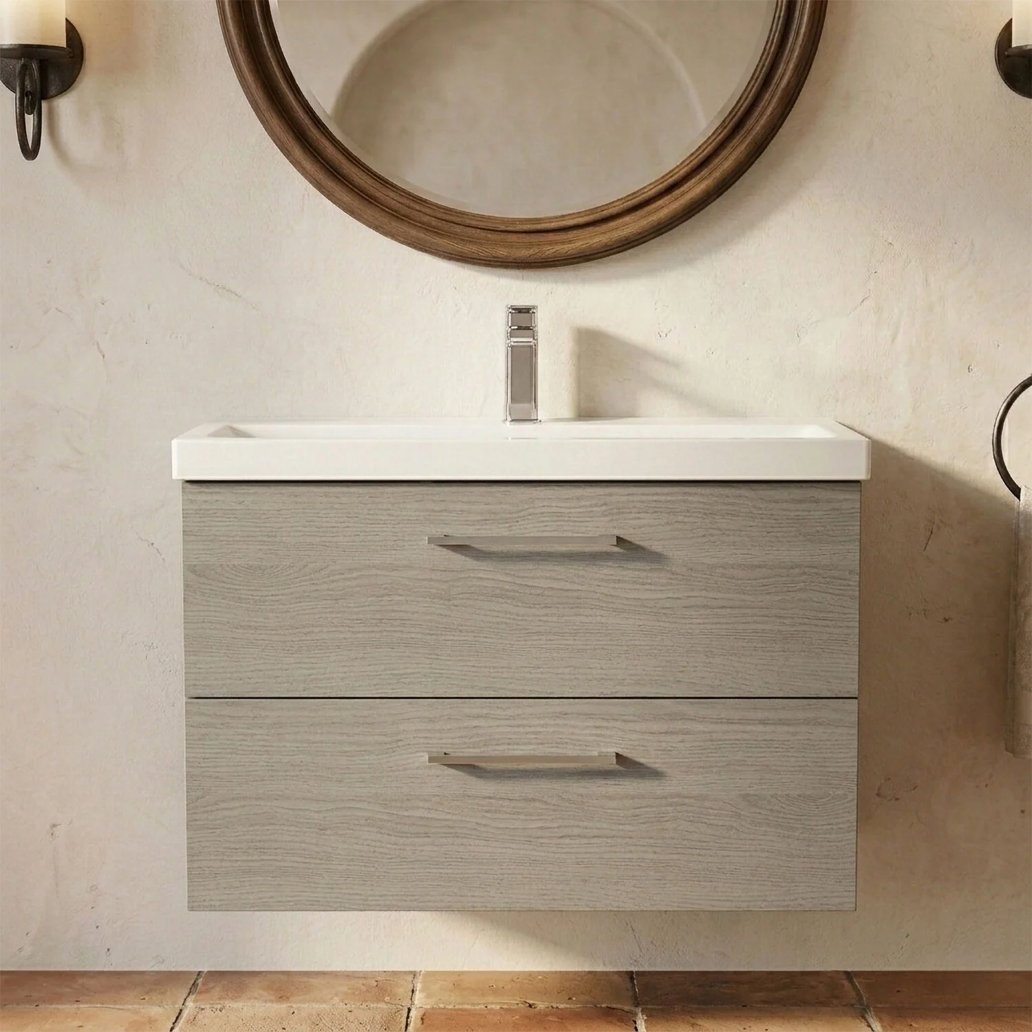 Bramshall Wall Hung 2 Drawer Vanity Unit with Mid-Edge Ceramic Basin - Choice of Colour, Handle Finish and Size - Image 36