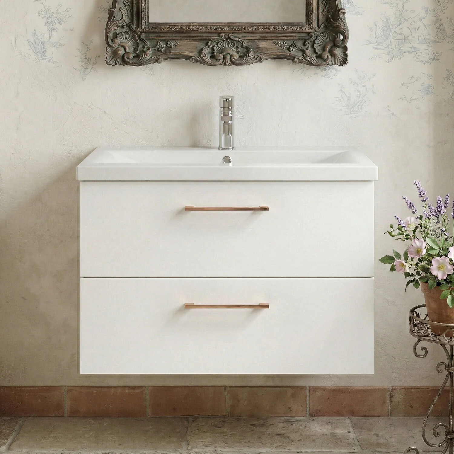 Bramshall Wall Hung 2 Drawer Vanity Unit with Mid-Edge Ceramic Basin - Choice of Colour, Handle Finish and Size - Image 4