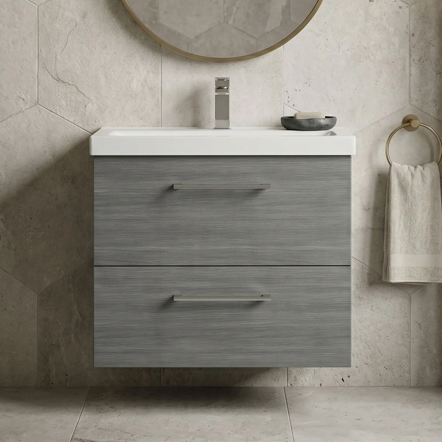 Bramshall Wall Hung 2 Drawer Vanity Unit with Mid-Edge Ceramic Basin - Choice of Colour, Handle Finish and Size - Image 42