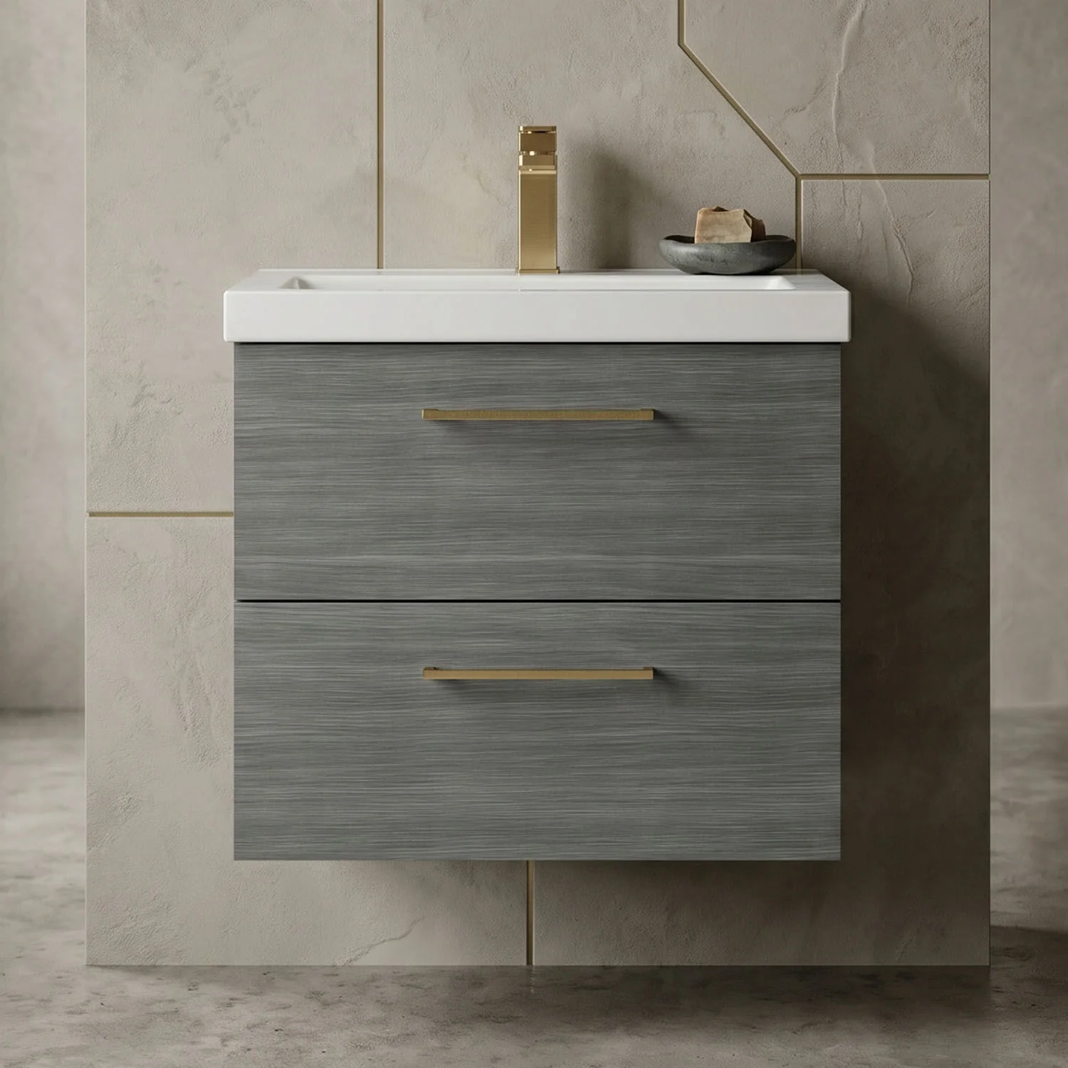 Bramshall Wall Hung 2 Drawer Vanity Unit with Mid-Edge Ceramic Basin - Choice of Colour, Handle Finish and Size - Image 43