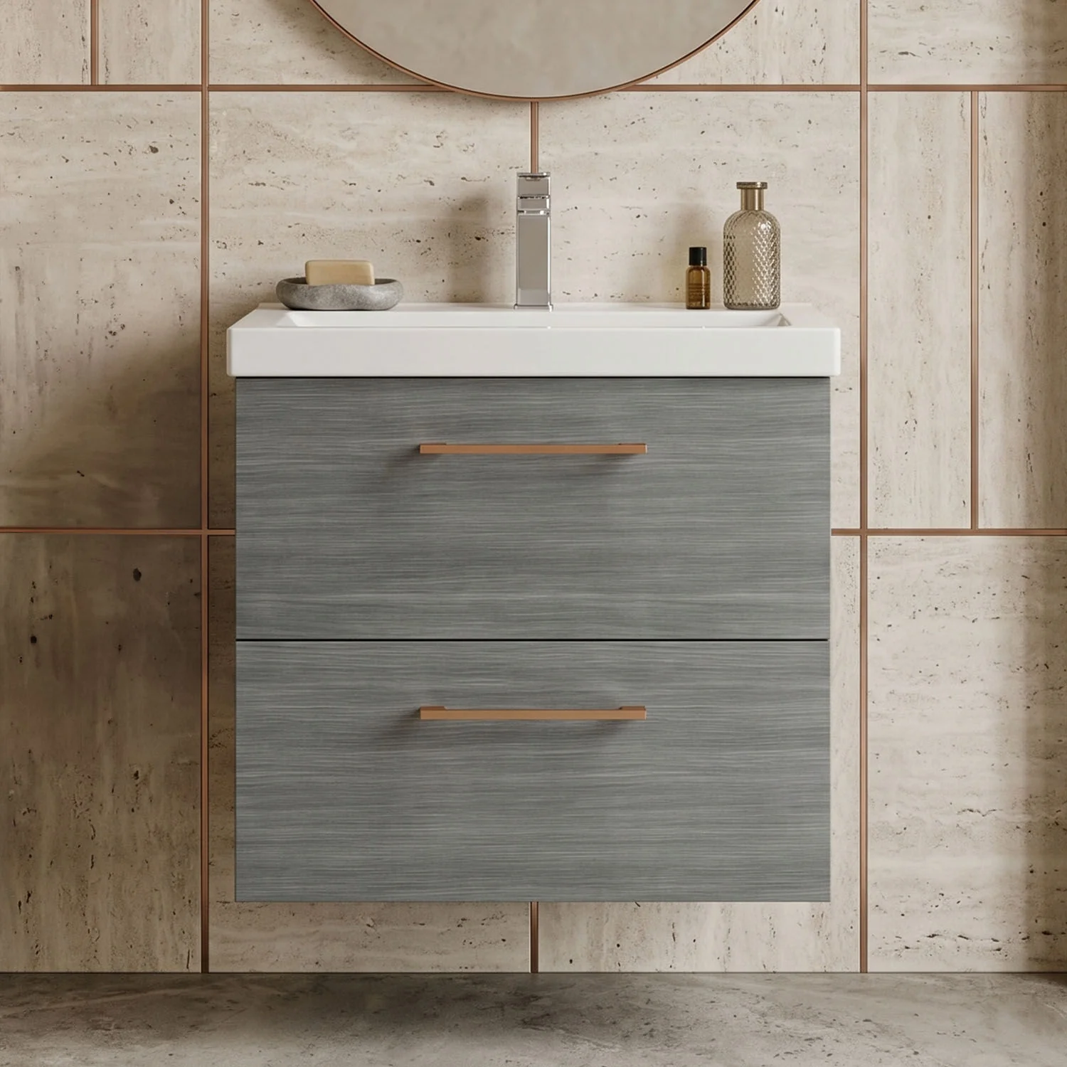 Bramshall Wall Hung 2 Drawer Vanity Unit with Mid-Edge Ceramic Basin - Choice of Colour, Handle Finish and Size - Image 44