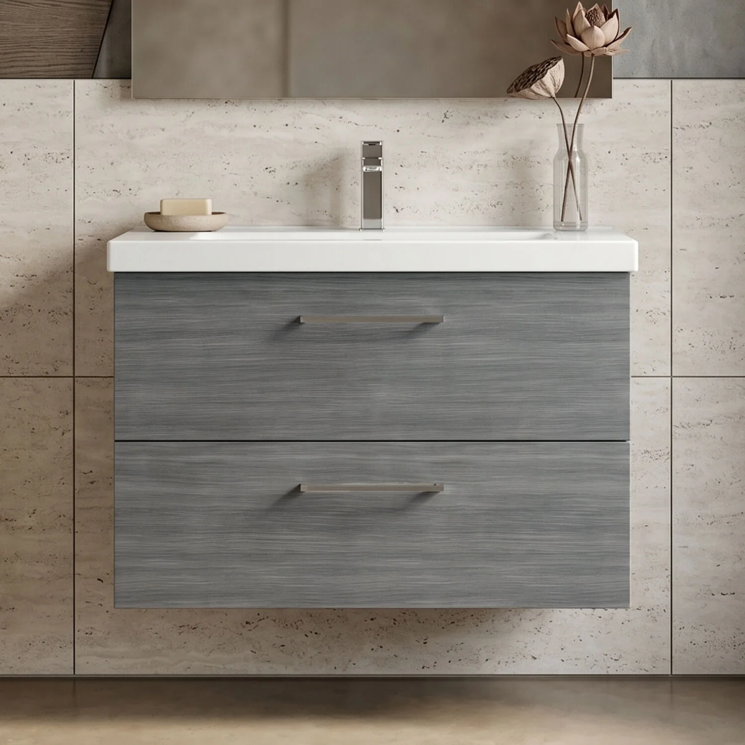 Bramshall Wall Hung 2 Drawer Vanity Unit with Mid-Edge Ceramic Basin - Choice of Colour, Handle Finish and Size - Image 47