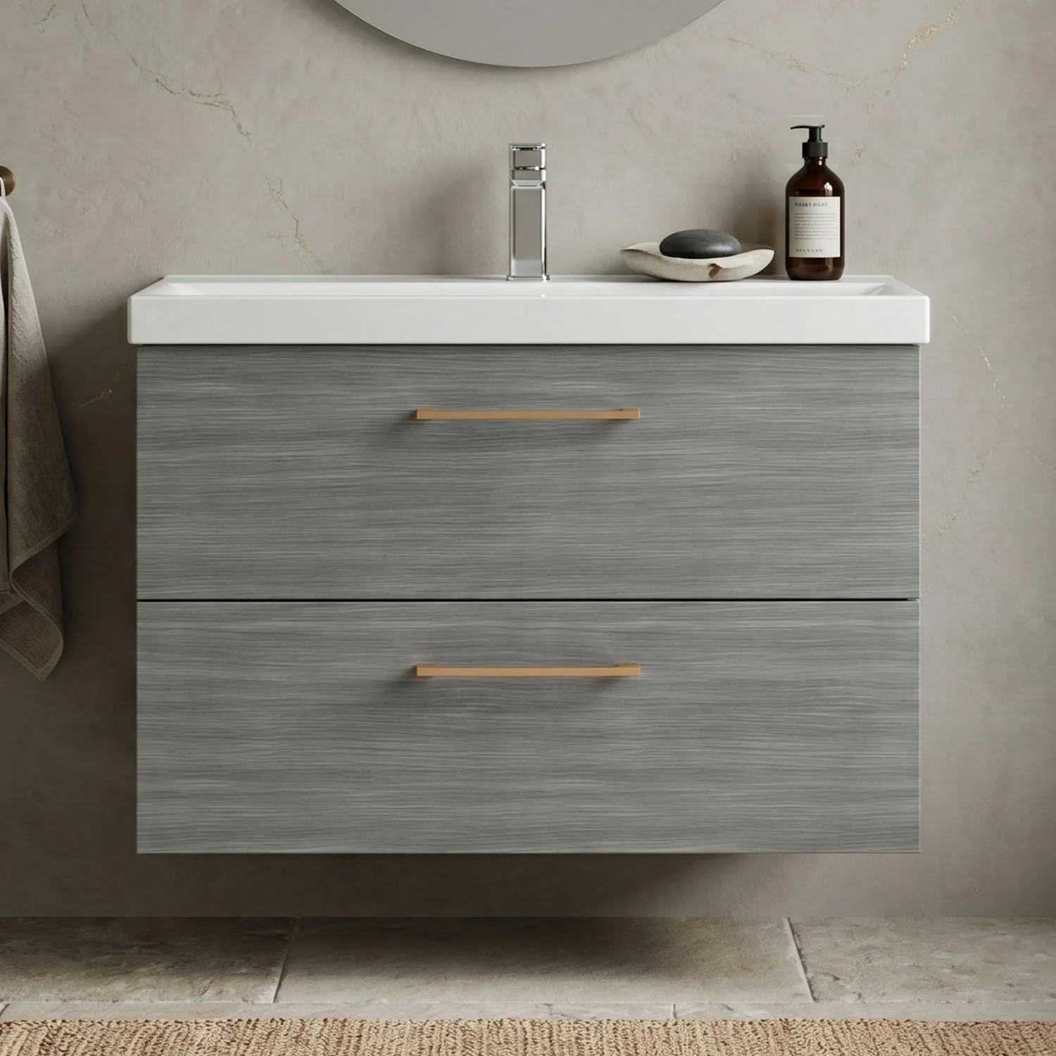 Bramshall Wall Hung 2 Drawer Vanity Unit with Mid-Edge Ceramic Basin - Choice of Colour, Handle Finish and Size - Image 49