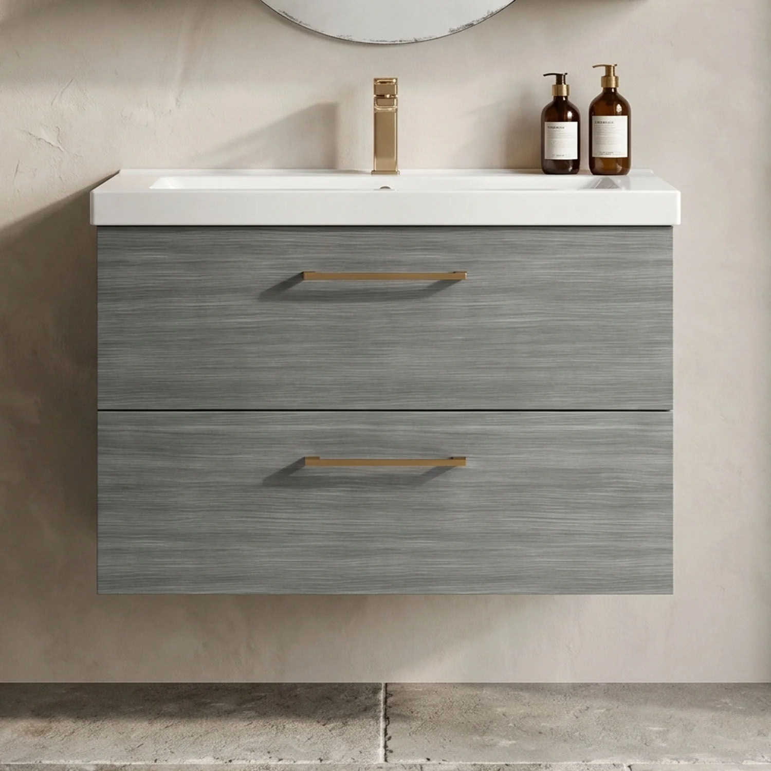 Bramshall Wall Hung 2 Drawer Vanity Unit with Mid-Edge Ceramic Basin - Choice of Colour, Handle Finish and Size - Image 50
