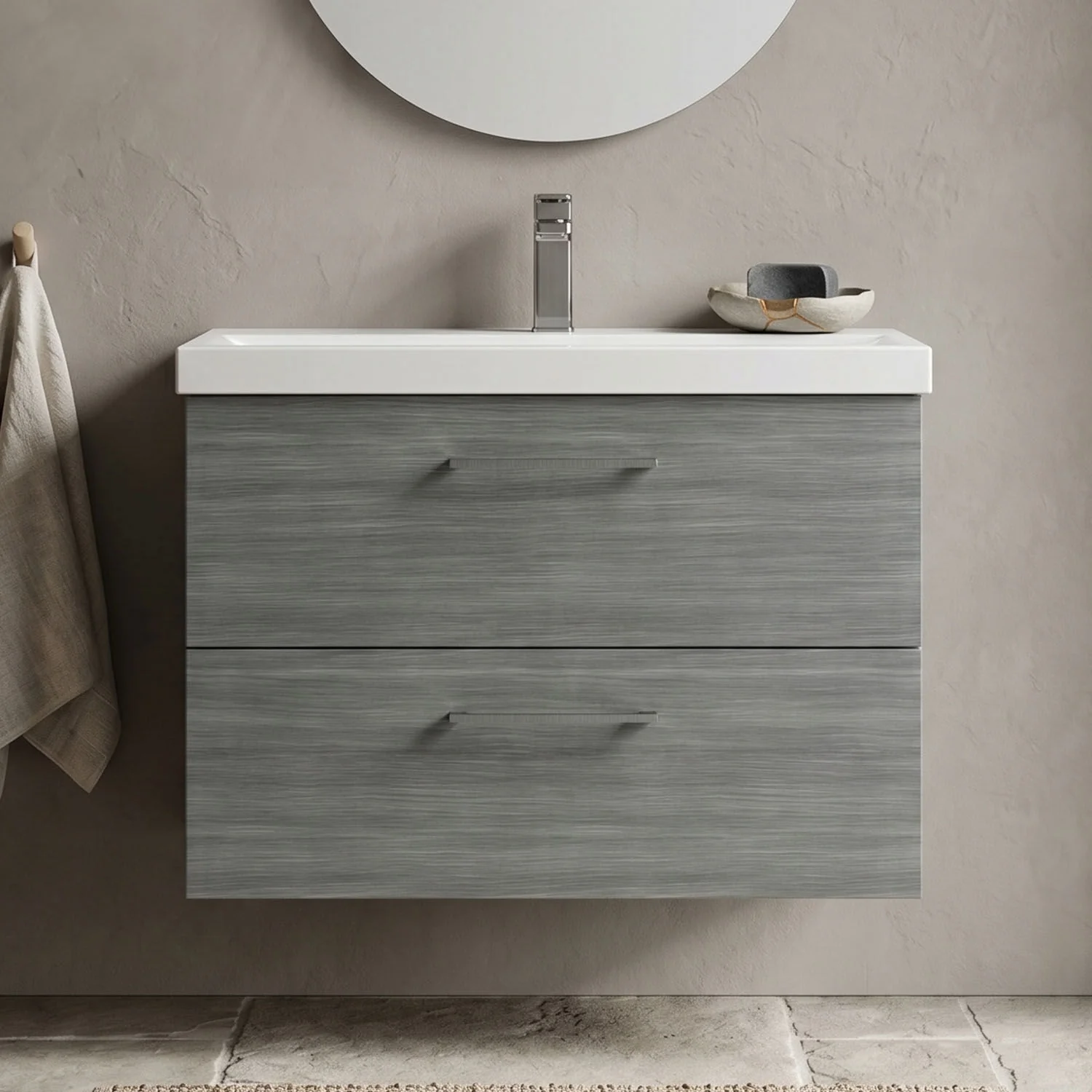 Bramshall Wall Hung 2 Drawer Vanity Unit with Mid-Edge Ceramic Basin - Choice of Colour, Handle Finish and Size - Image 51