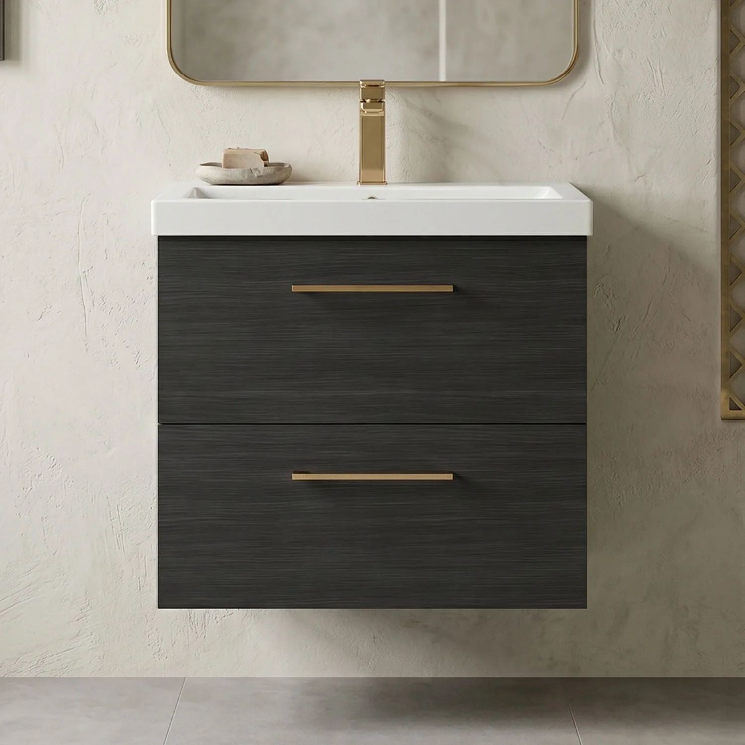 Bramshall Wall Hung 2 Drawer Vanity Unit with Mid-Edge Ceramic Basin - Choice of Colour, Handle Finish and Size - Image 55