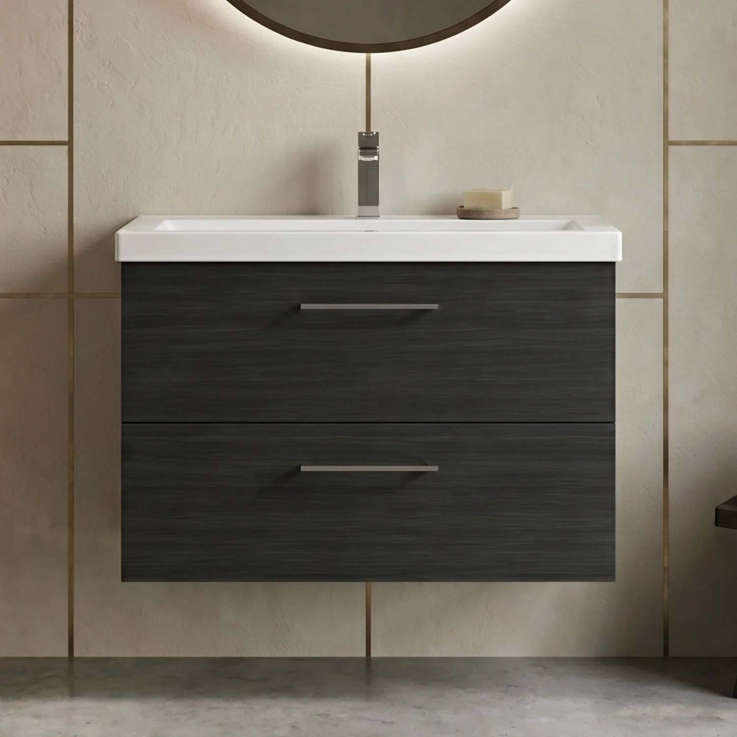 Bramshall Wall Hung 2 Drawer Vanity Unit with Mid-Edge Ceramic Basin - Choice of Colour, Handle Finish and Size - Image 57