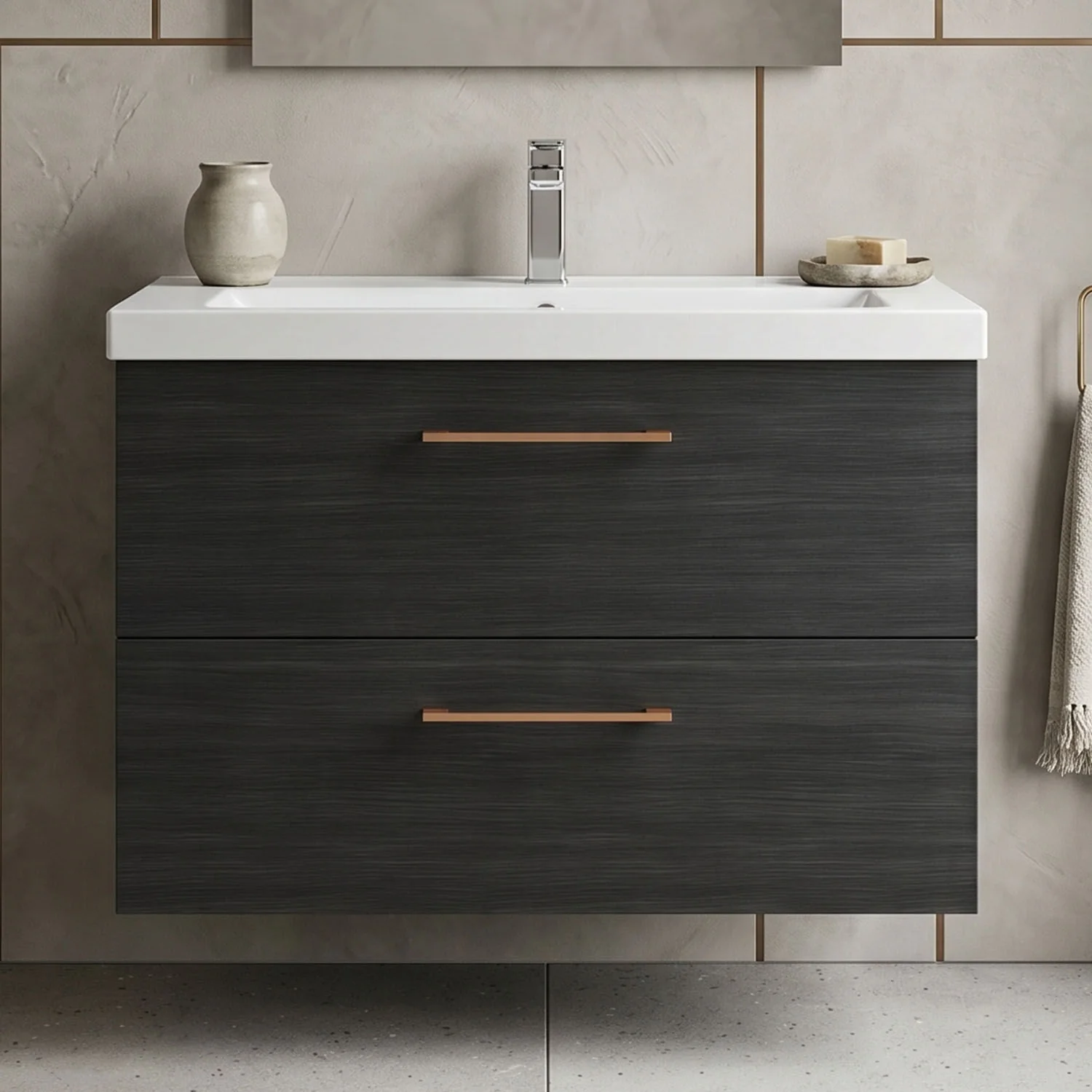 Bramshall Wall Hung 2 Drawer Vanity Unit with Mid-Edge Ceramic Basin - Choice of Colour, Handle Finish and Size - Image 60