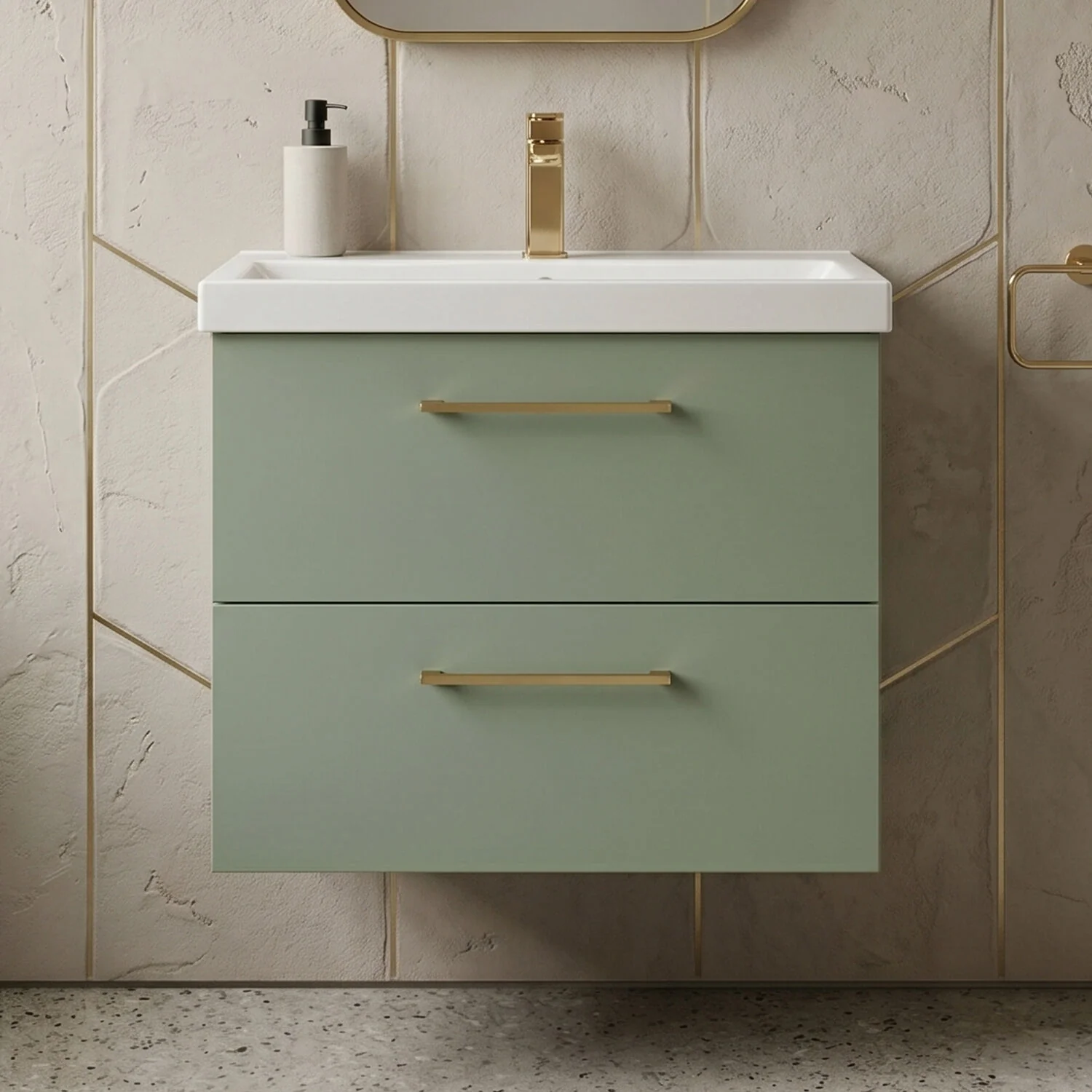 Bramshall Wall Hung 2 Drawer Vanity Unit with Mid-Edge Ceramic Basin - Choice of Colour, Handle Finish and Size - Image 66